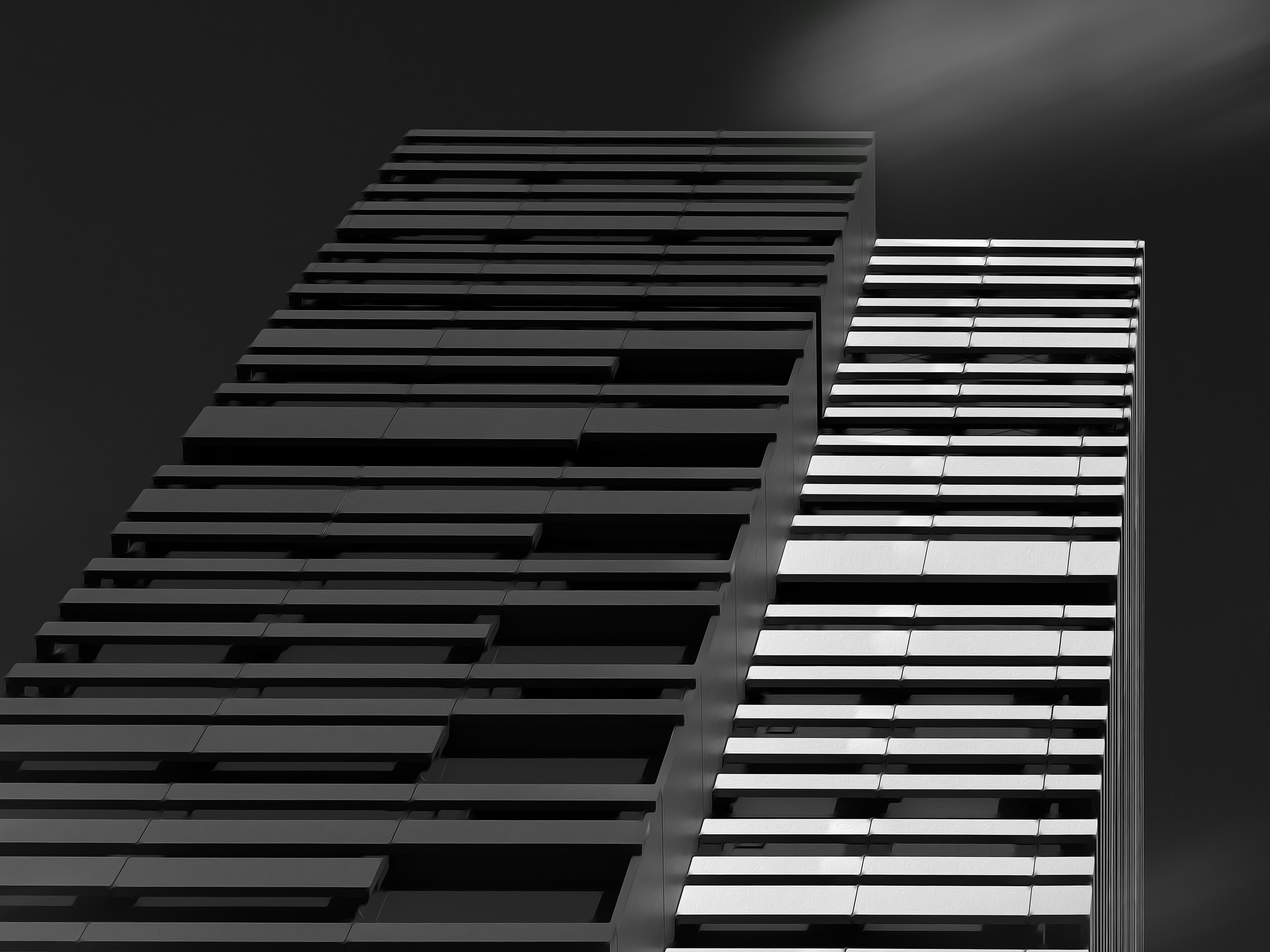 black-and-white striped facade of a high-rise building
