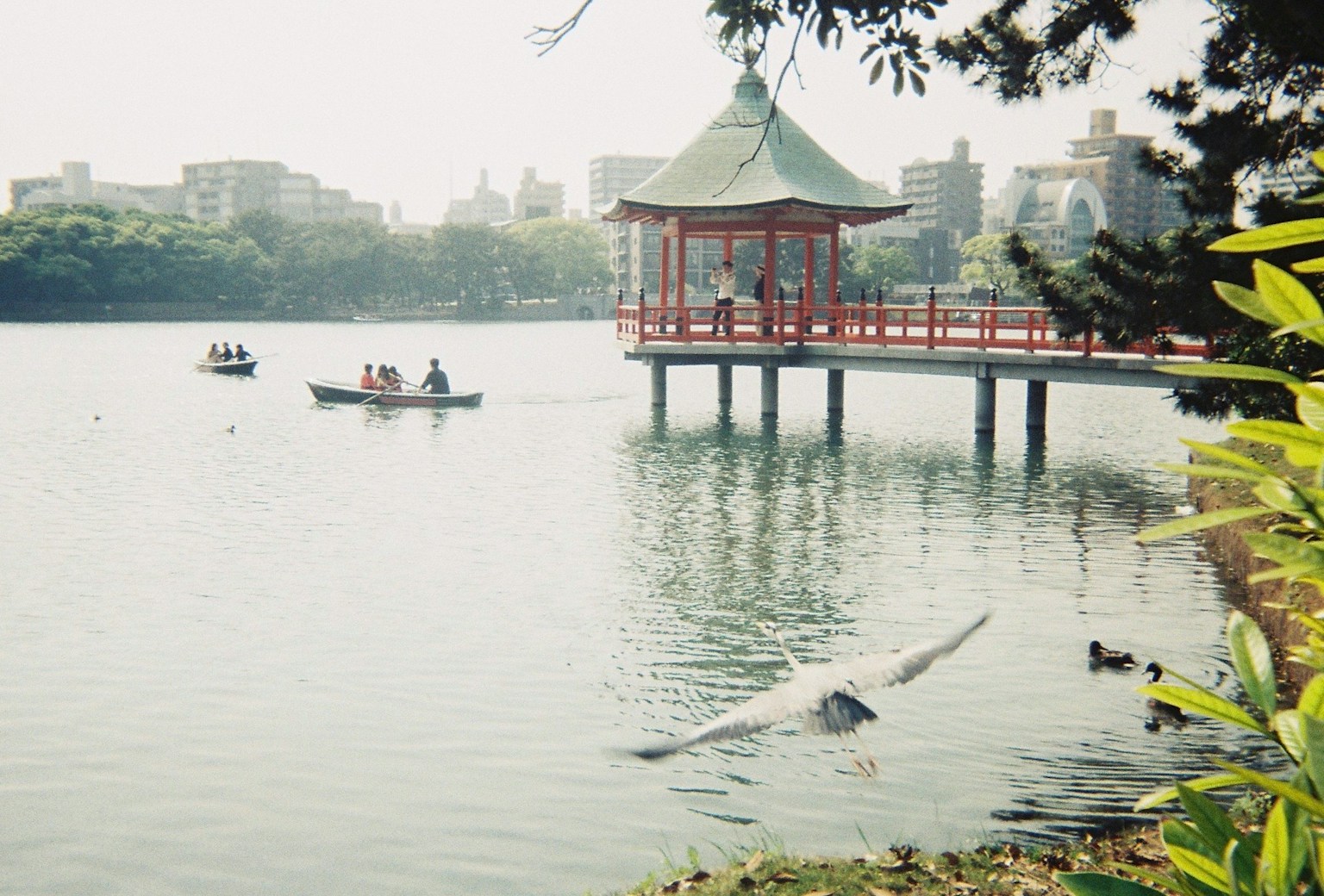 Scenic view of a red pavilion on a lake with boats and ducks