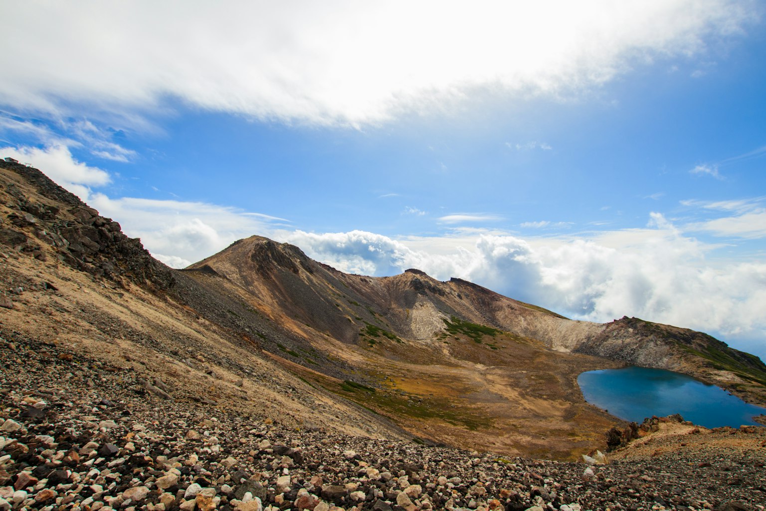 ทิวทัศน์ภูเขาพร้อมทะเลสาบสีน้ำเงิน
