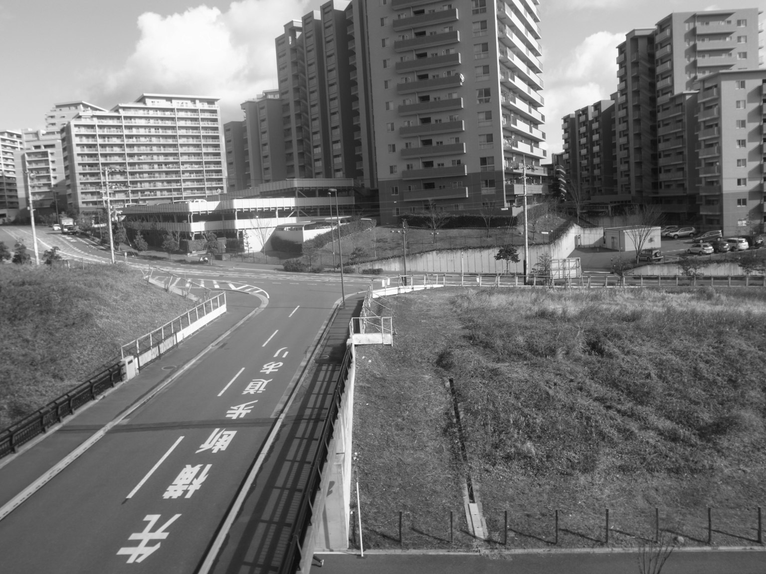 Paisaje urbano en blanco y negro con edificios altos y una carretera sinuosa