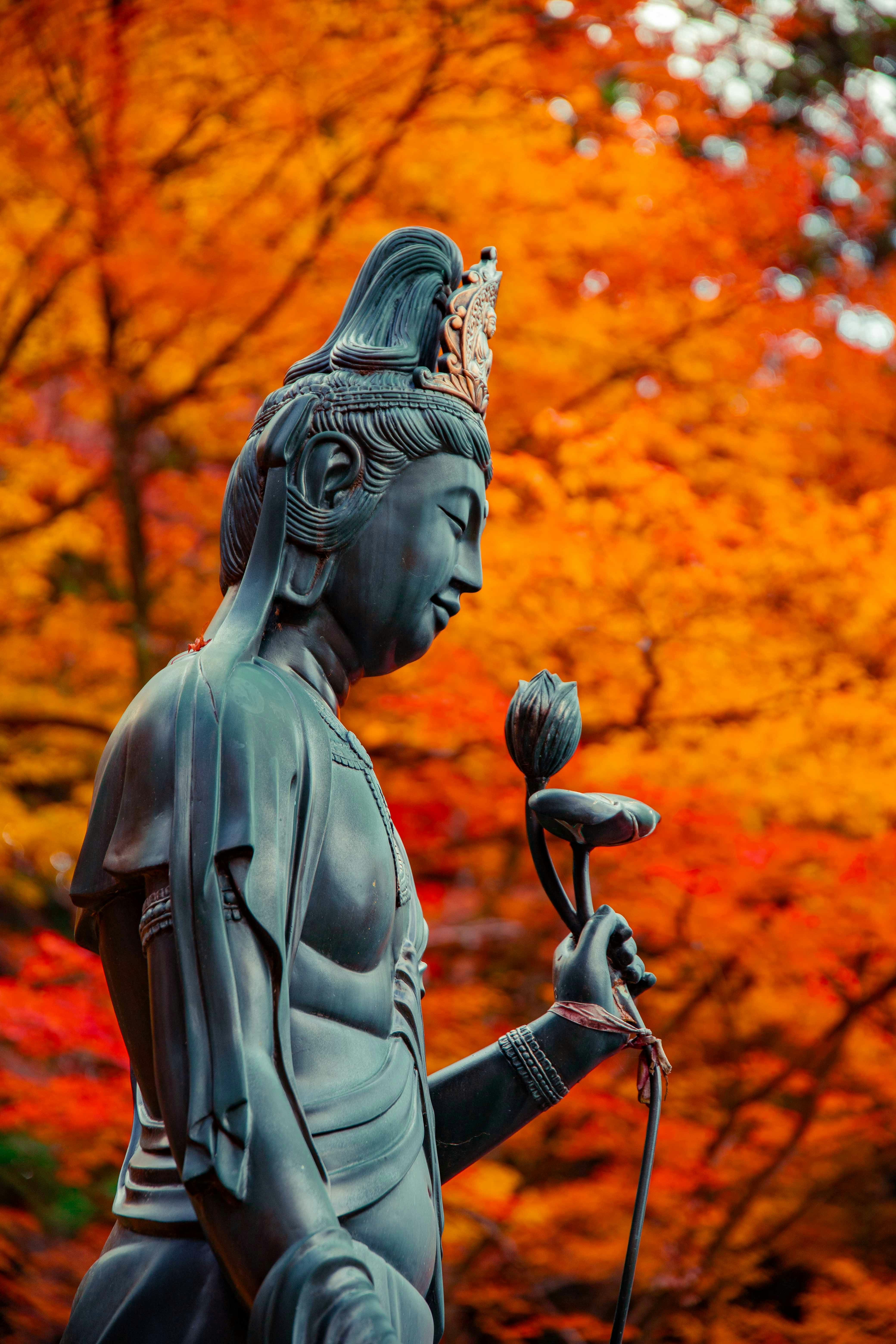 紅葉の背景に佇む石像の仏像