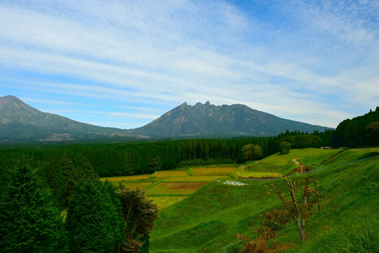 Vista panoramica di montagne e campi verdi