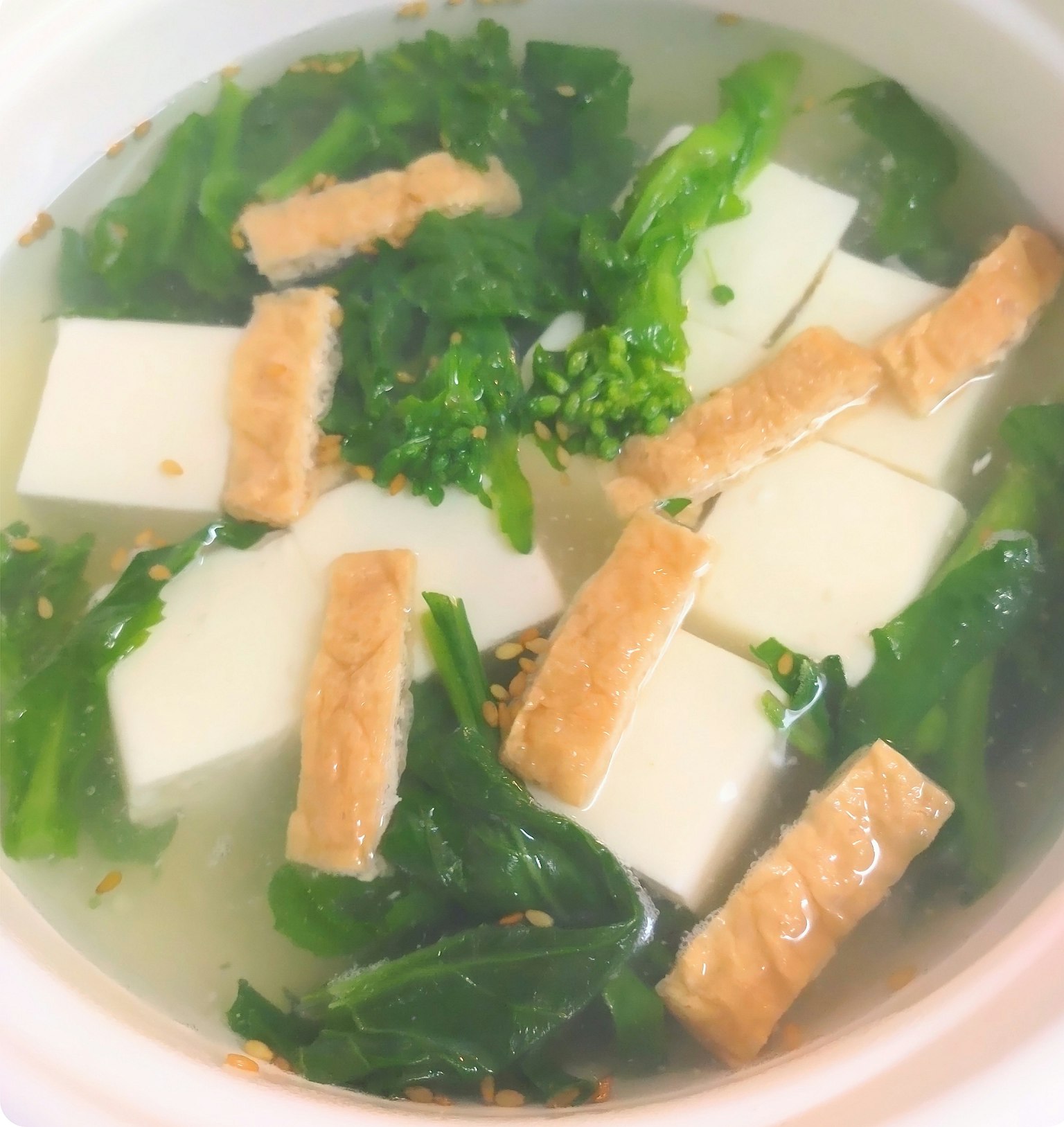 Bol de soupe avec du tofu et des légumes verts