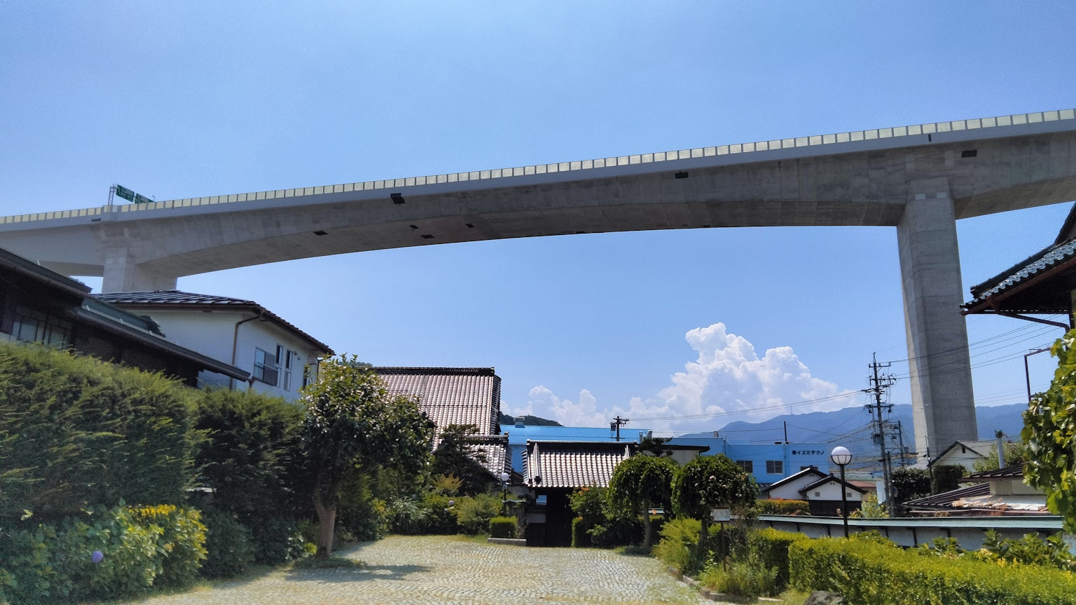 藍天之下的高架道路和周圍的房屋