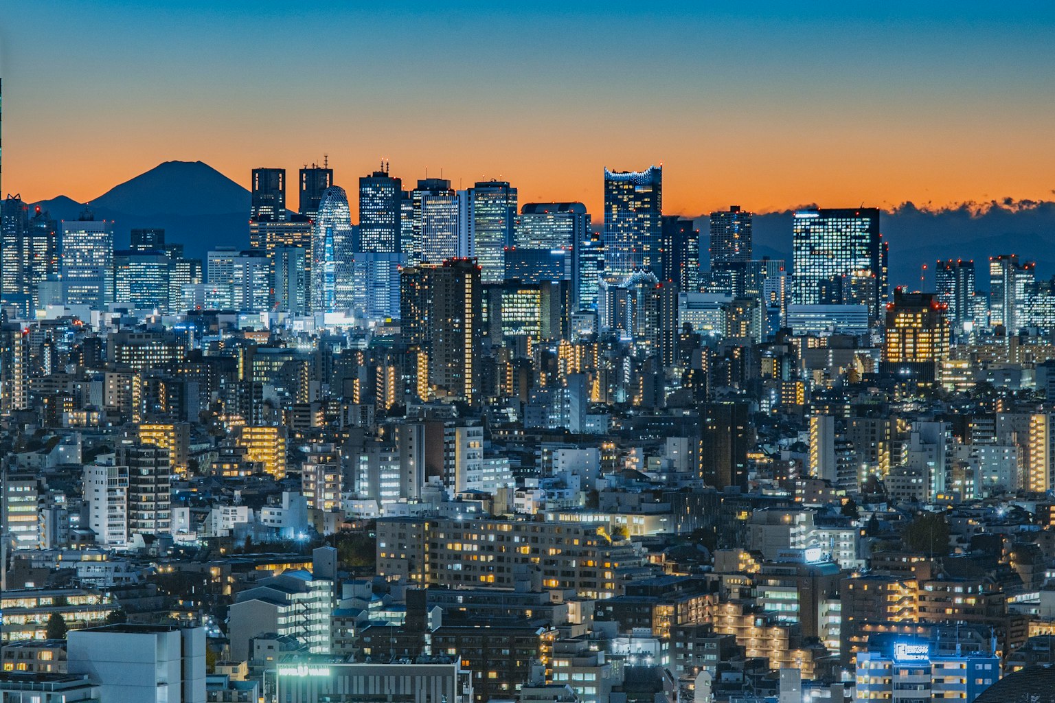 东京天际线的夜景，背景有富士山