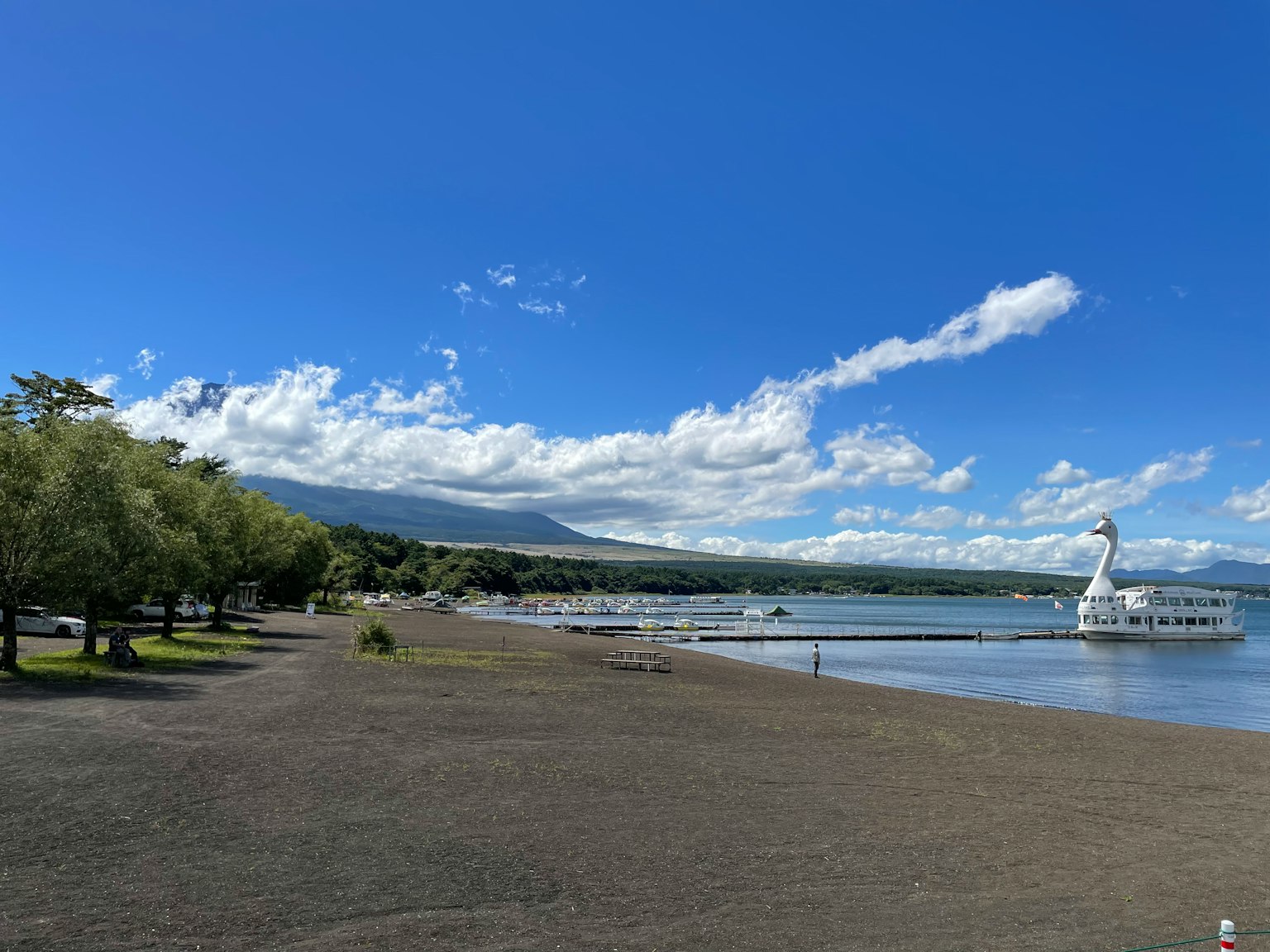 Una vista serena del lago sotto un cielo blu con una barca ormeggiata sulla riva e alberi che bordano l'area