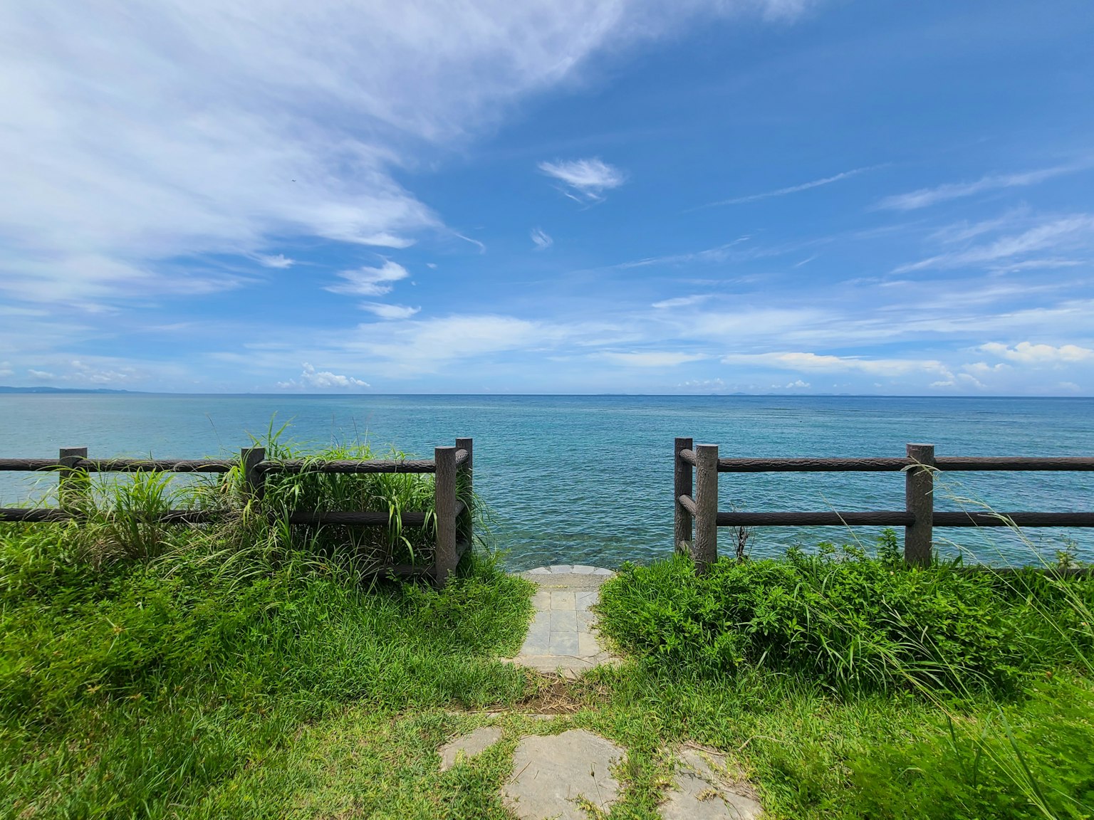 Sentiero attraverso l'erba verde che porta al mare blu e al cielo