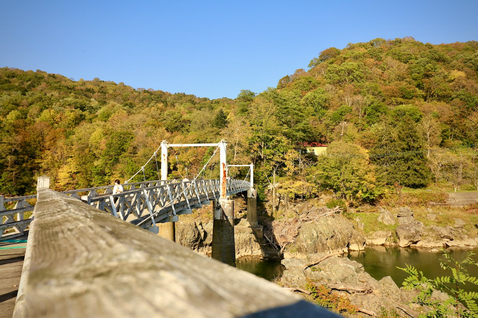 Holzbrücke umgeben von buntem Herbstlaub und Hügeln