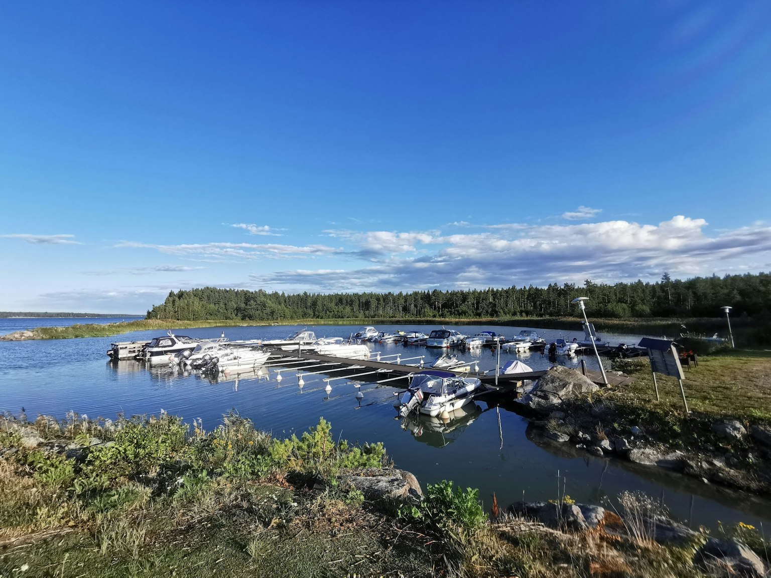 Marina serena bajo un cielo azul con botes y costa verde
