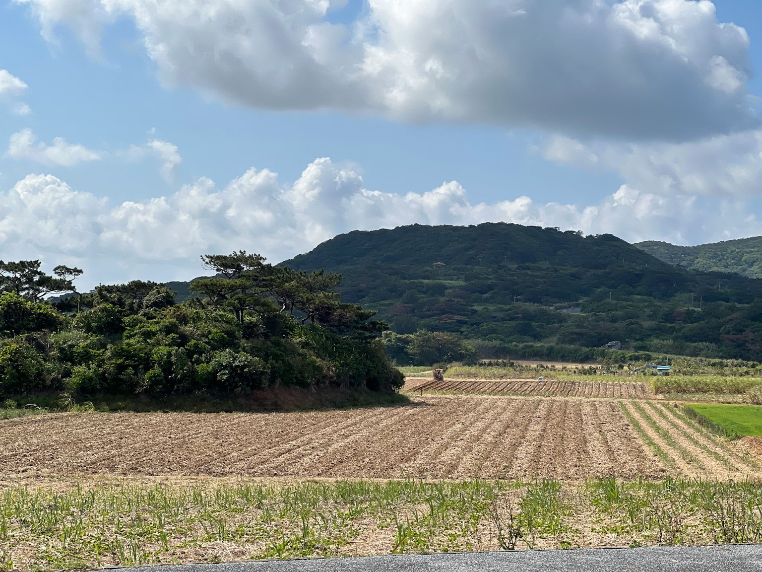 A rural landscape featuring a mountain and fields under a blue sky with clouds