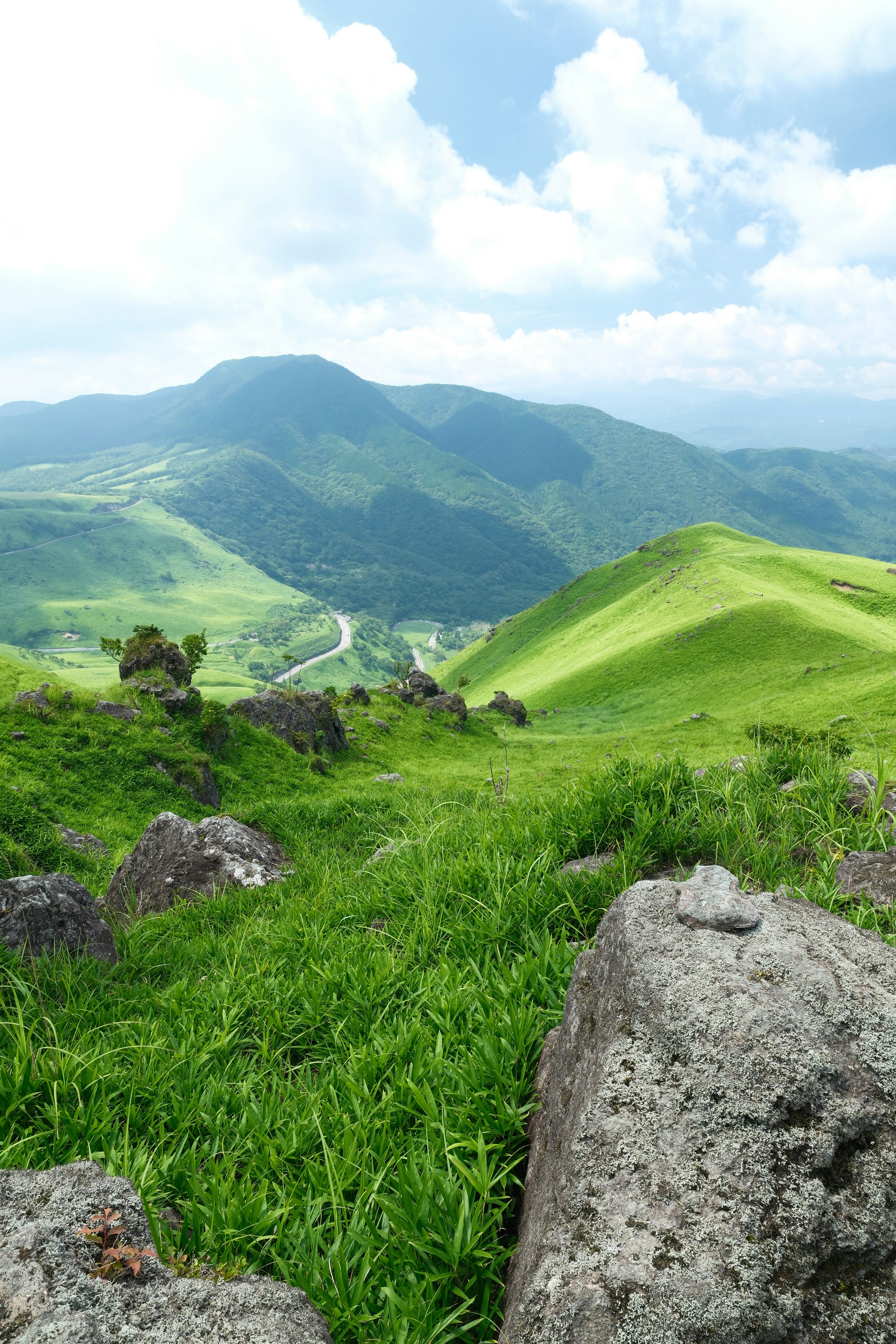 由布岳を望む緑の草原と山並みの景色