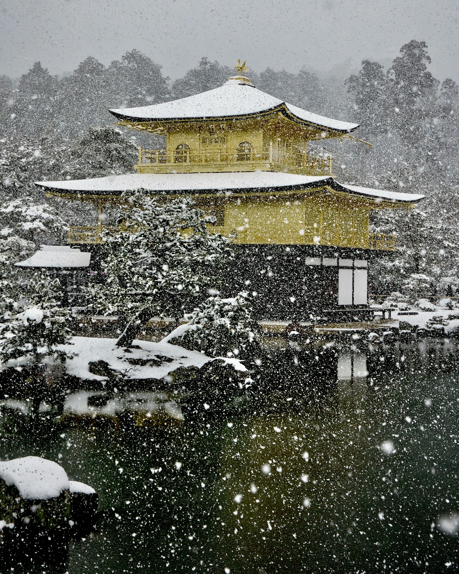 Golden Pavilion surrounded by snow in a serene landscape