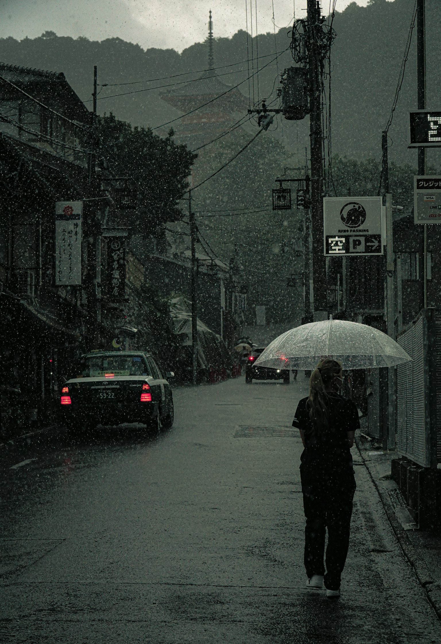 ผู้หญิงเดินถือร่มในถนนที่มีฝนตก