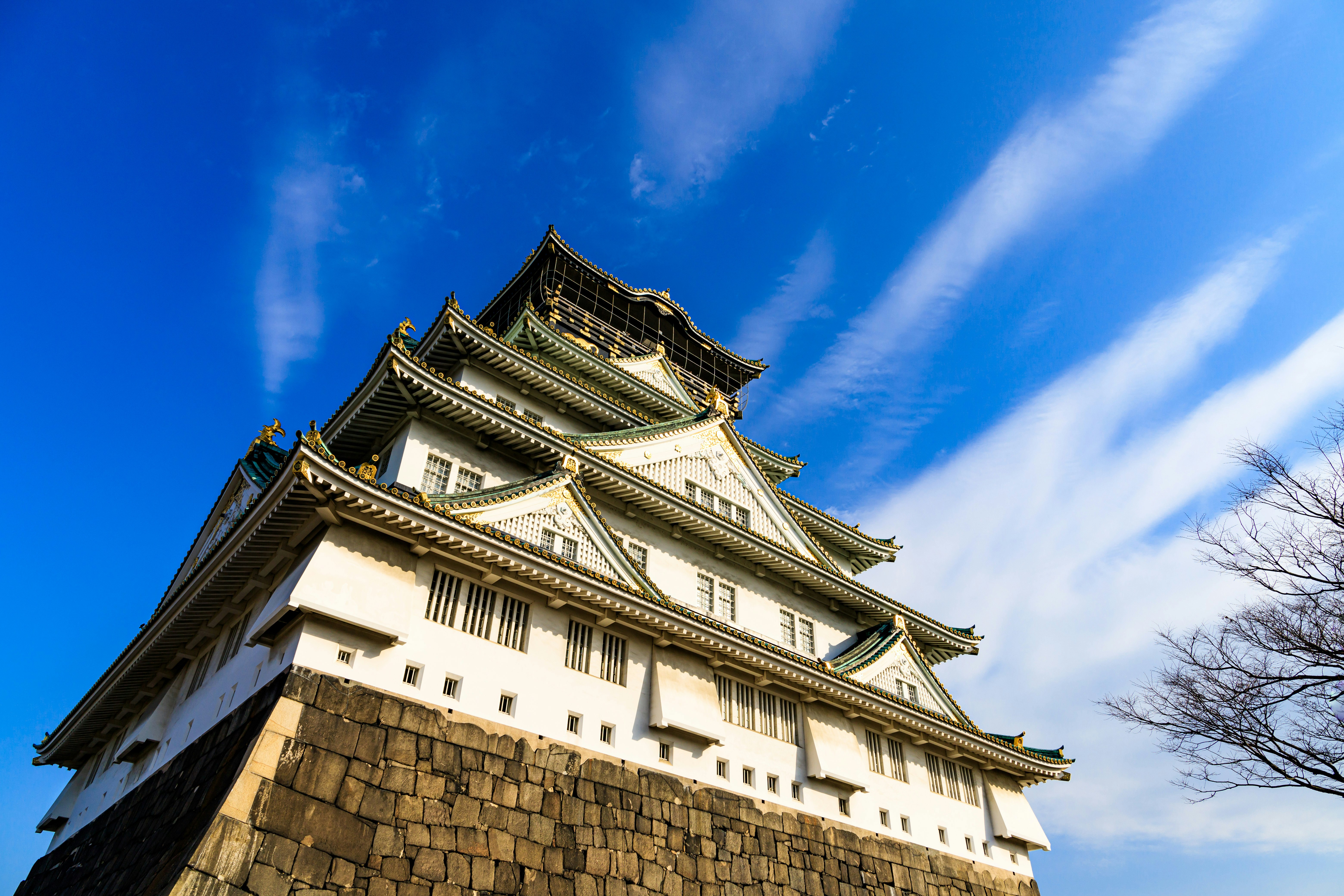 青空の下にそびえる白壁の城郭建築
