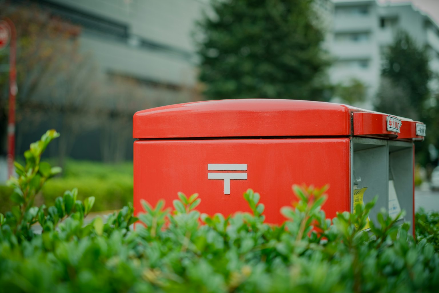 Red mailbox surrounded by green plants