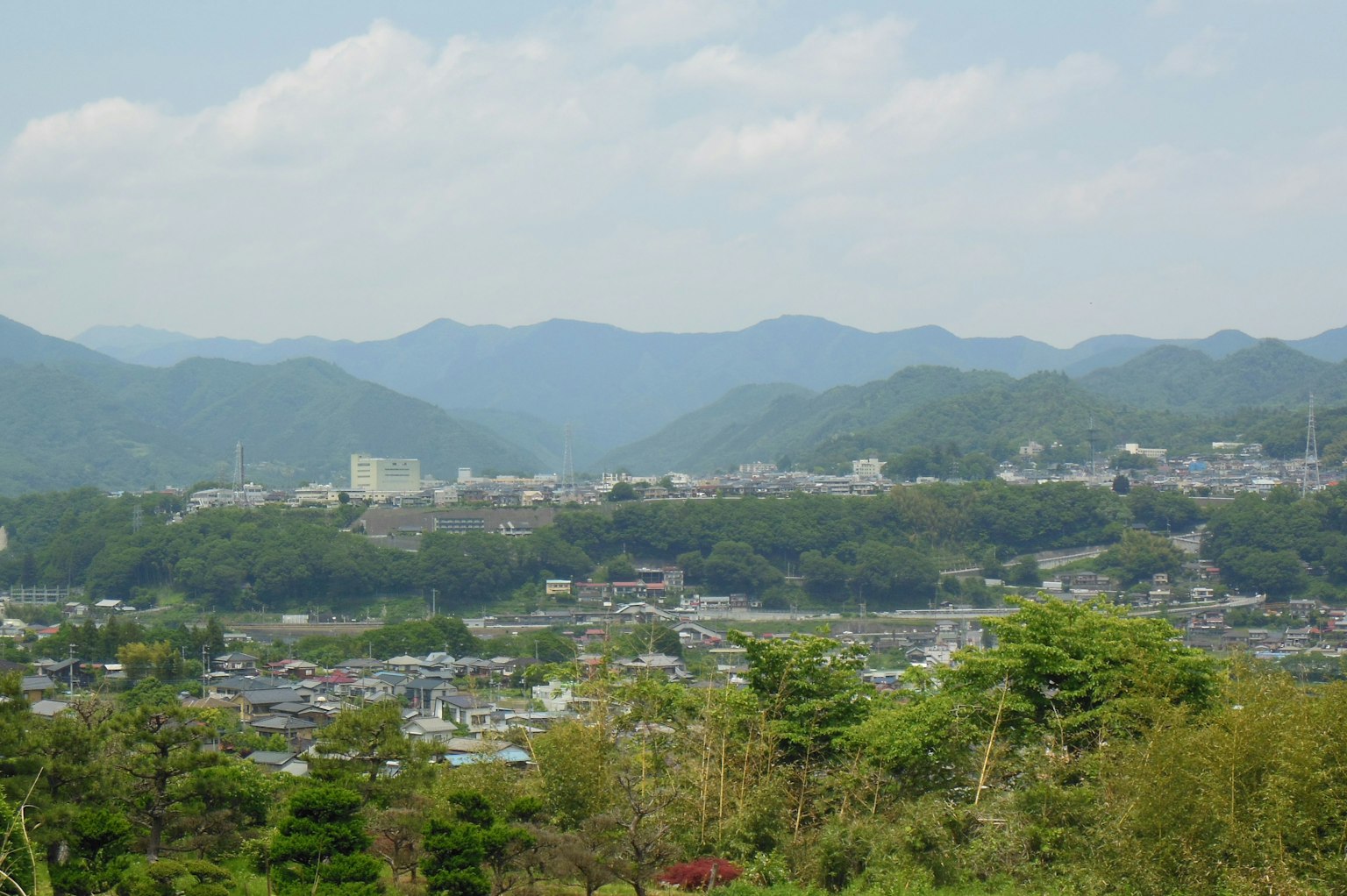 环绕着郁郁葱葱山脉的城镇全景