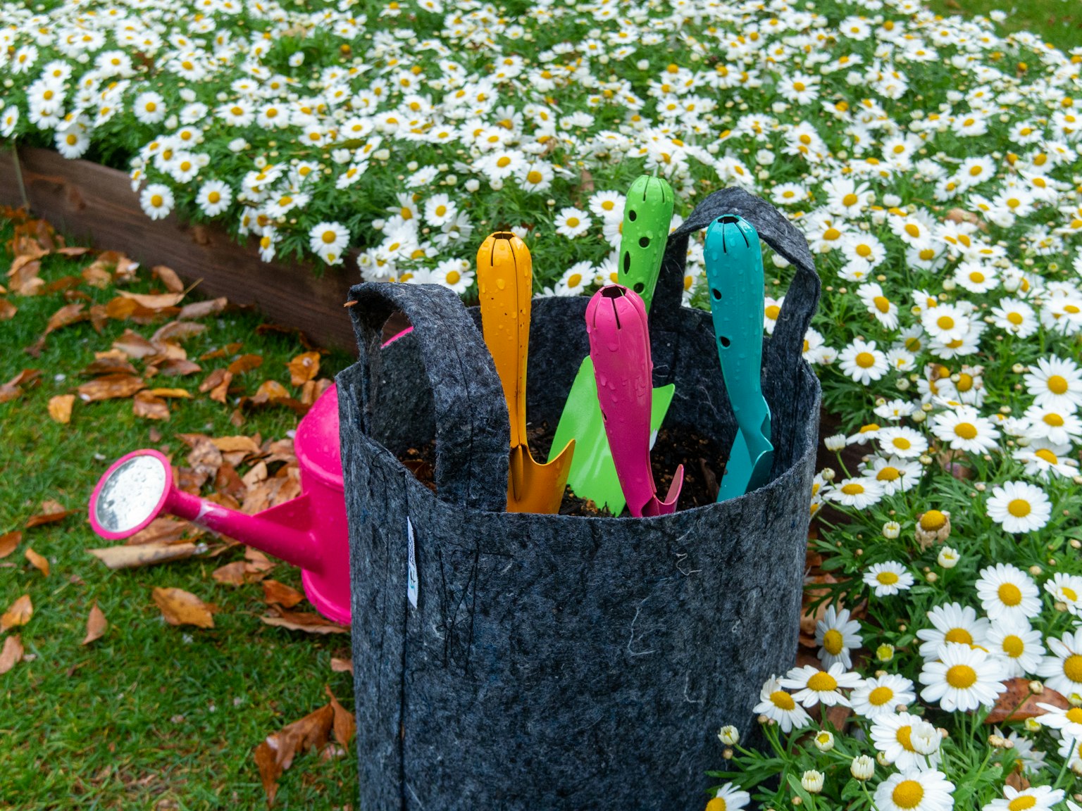 Strumenti da giardinaggio colorati in una borsa nera con uno sfondo di fiori bianchi