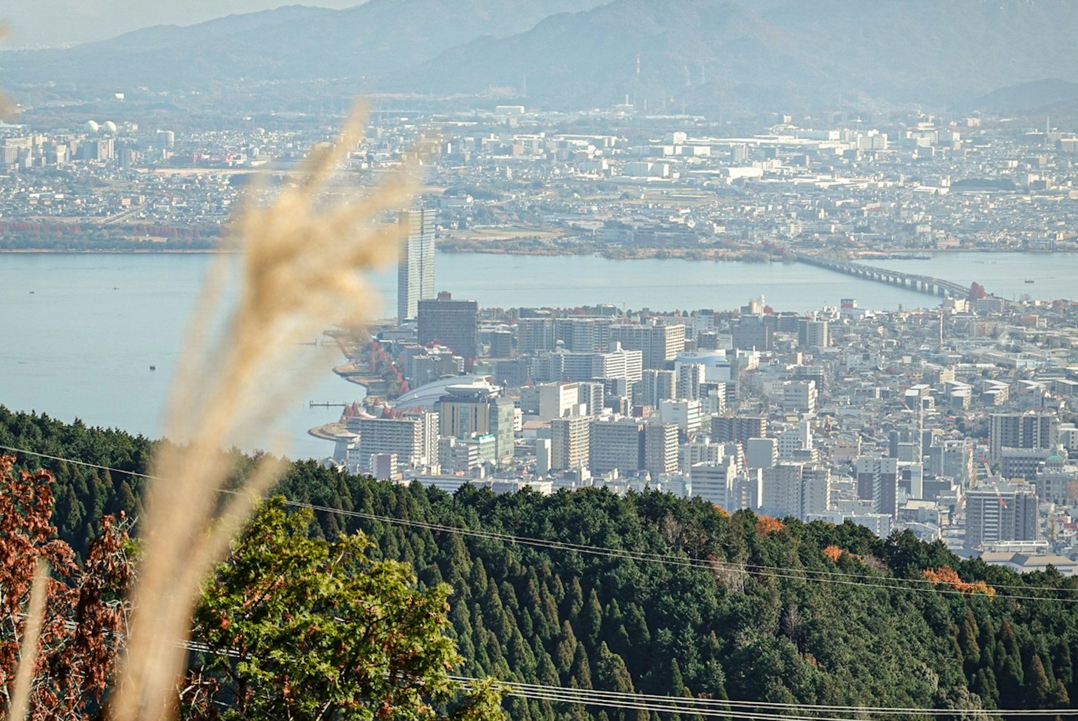 山坡上的城市景观与背景湖泊和山脉