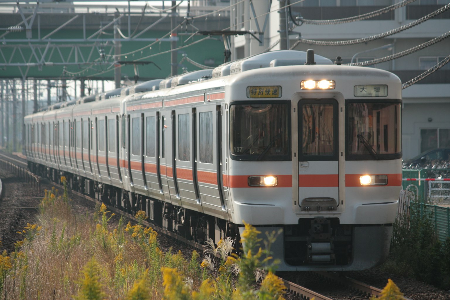 Un train japonais s'approchant d'une station
