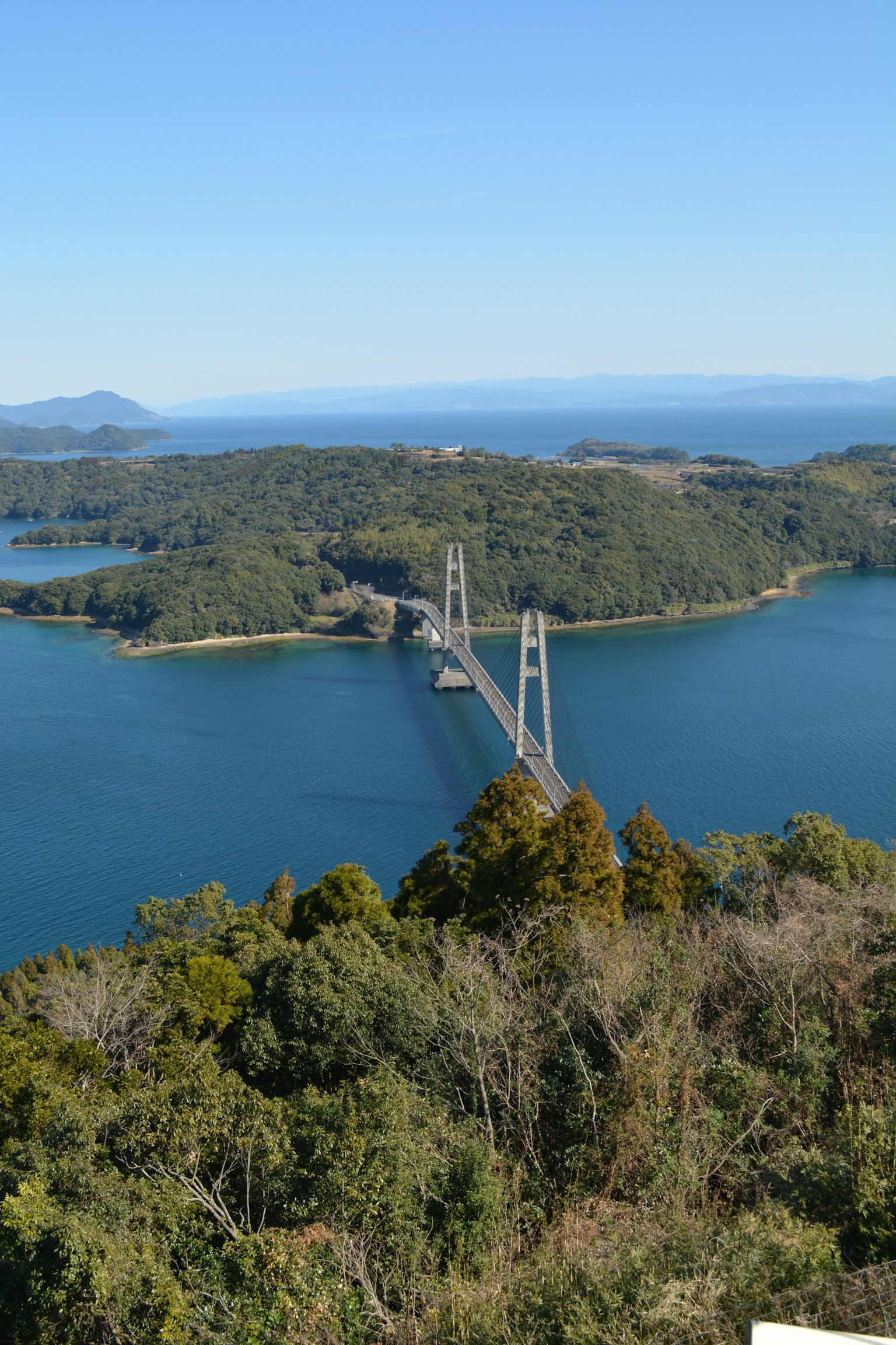 藍色水域上橋的風景，四周環繞著郁郁蔥蔥的綠樹