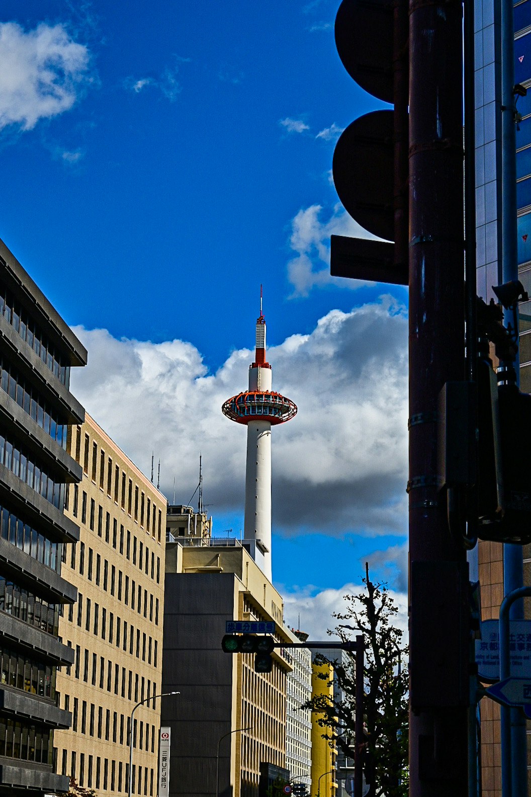 La Torre di Kyoto e parte del paesaggio urbano sotto un cielo blu