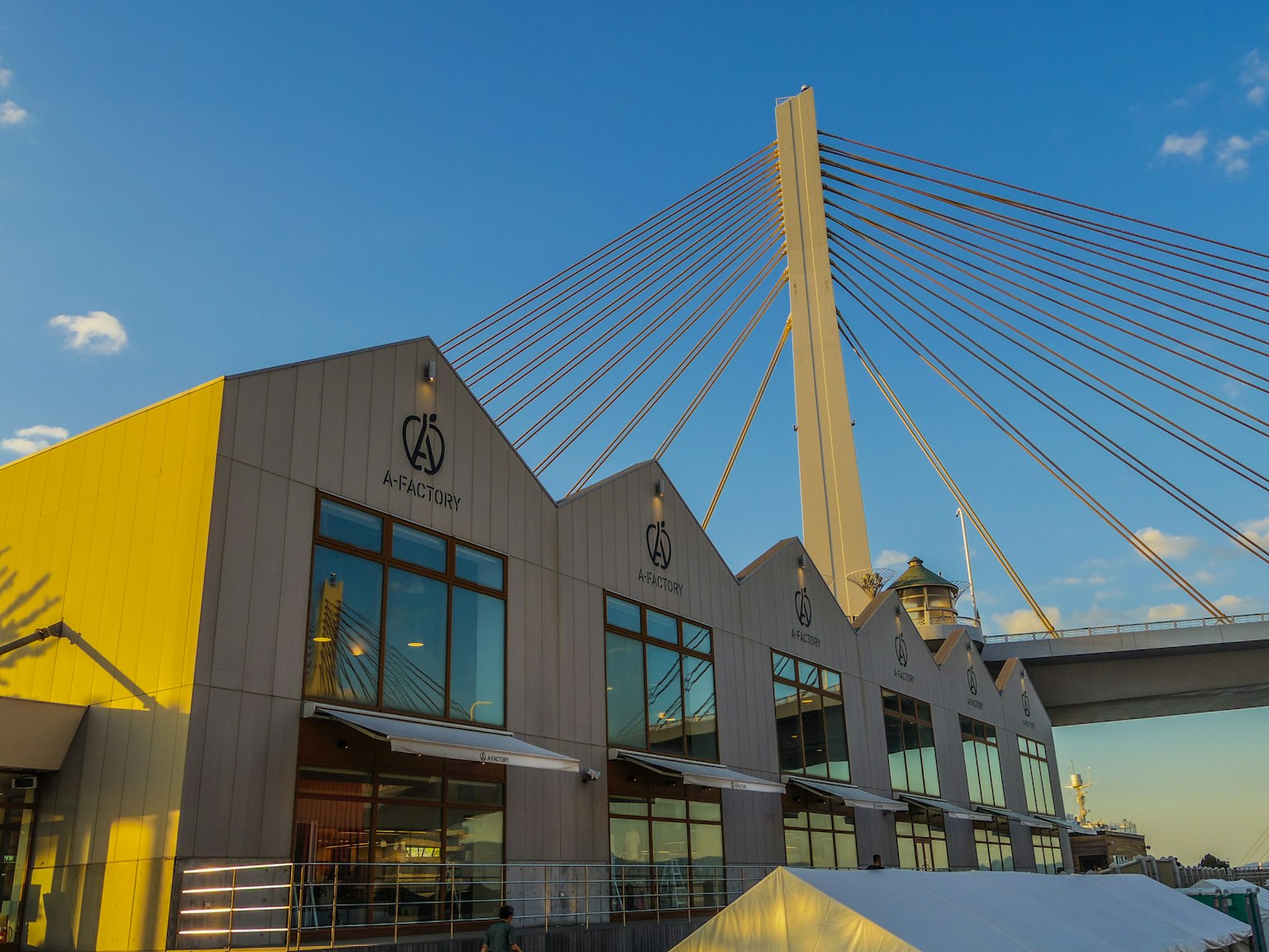 Esterno di un edificio moderno sotto un bel ponte
