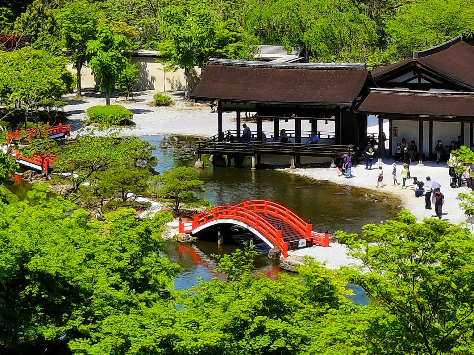 美丽的日本庭园景观 红色桥和传统建筑