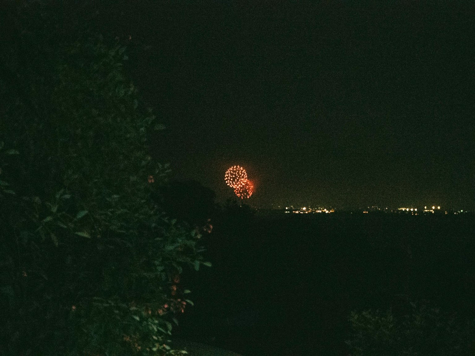 Fireworks lighting up the night sky with a dark landscape