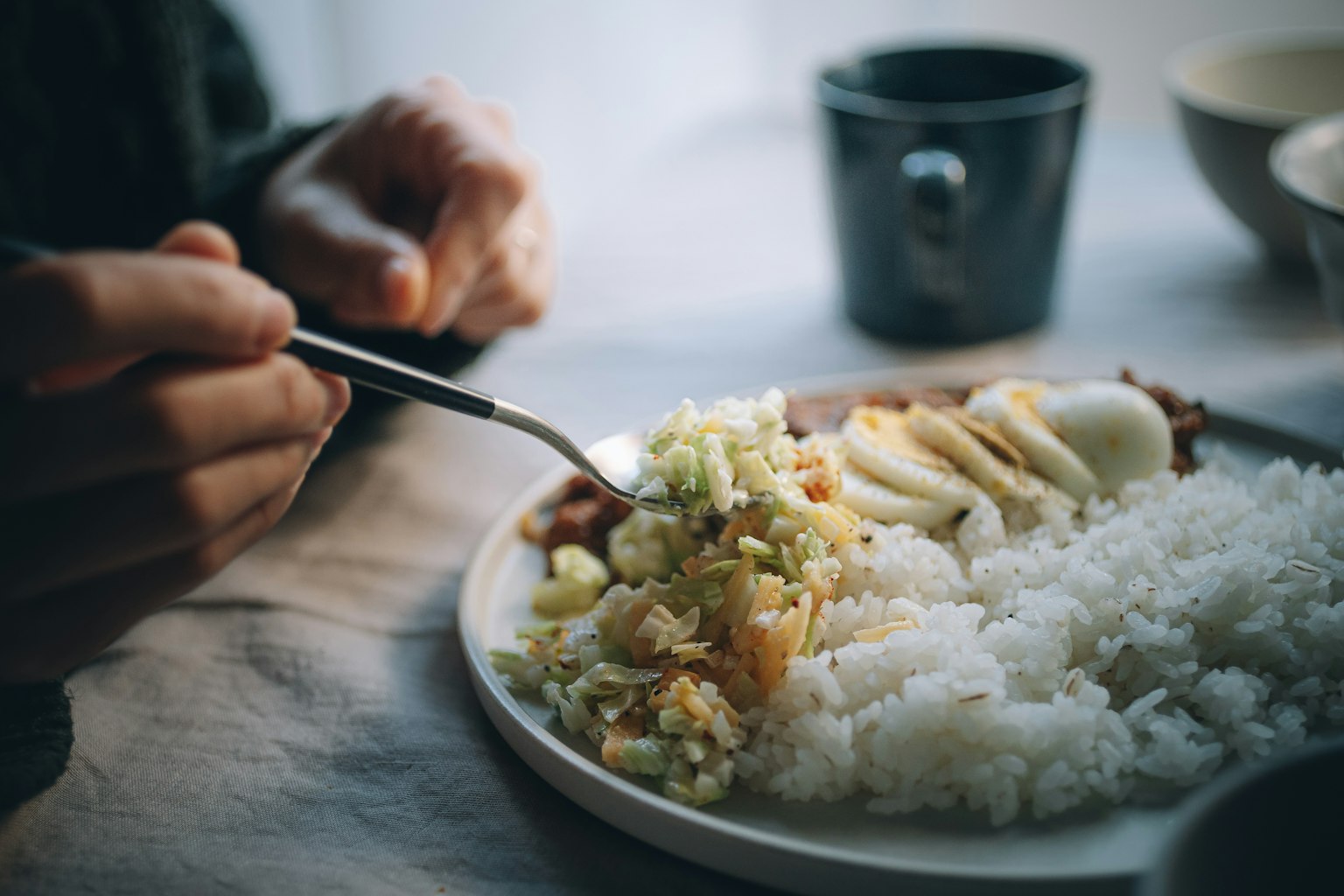 Close-up of hands holding a fork with rice and vegetables on a plate