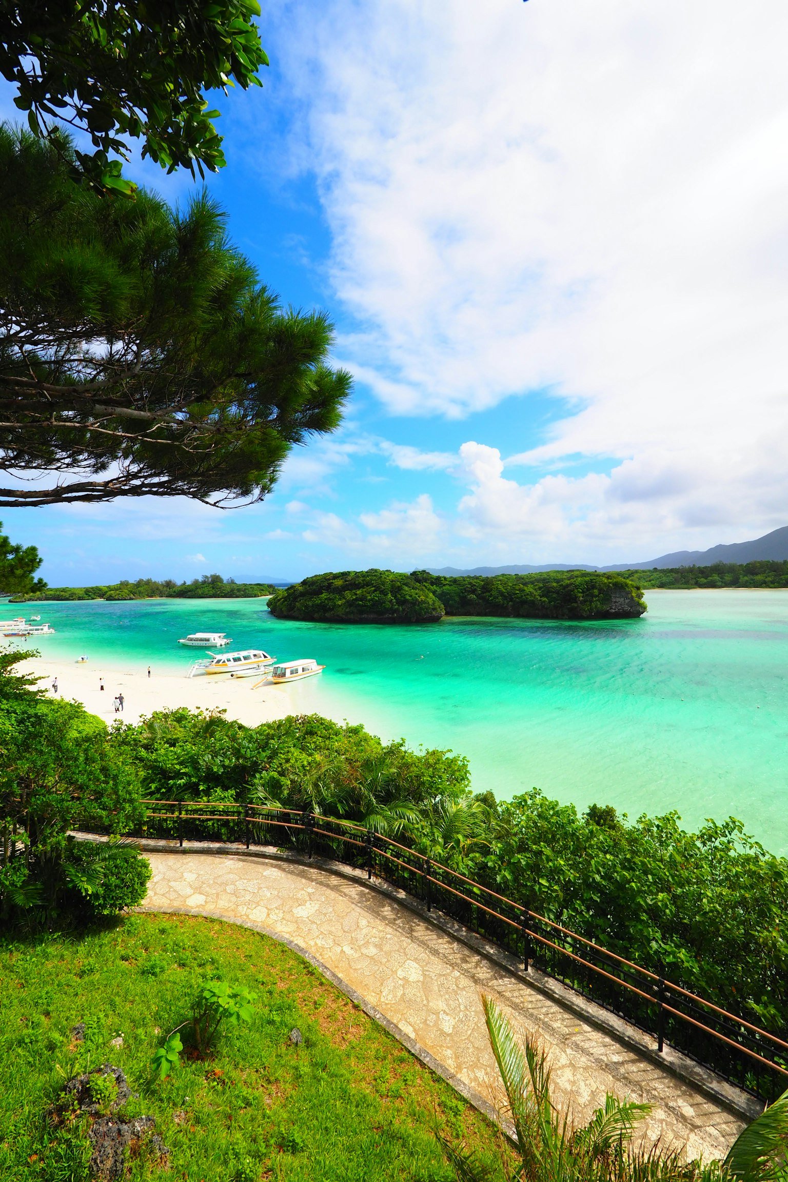 风景如画的碧绿海水和白色沙滩，周围环绕着绿色树木和小径