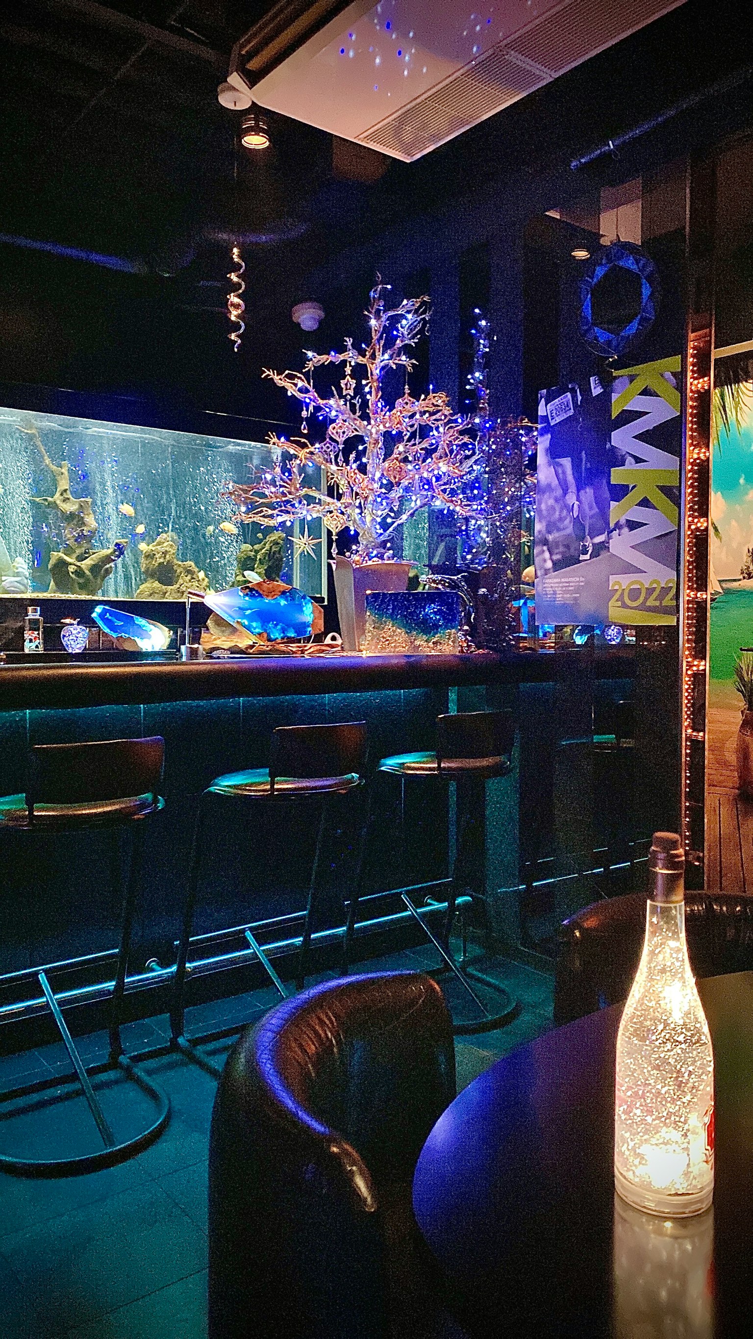 Interior bar dengan akuarium dan pohon dekoratif di bawah pencahayaan redup