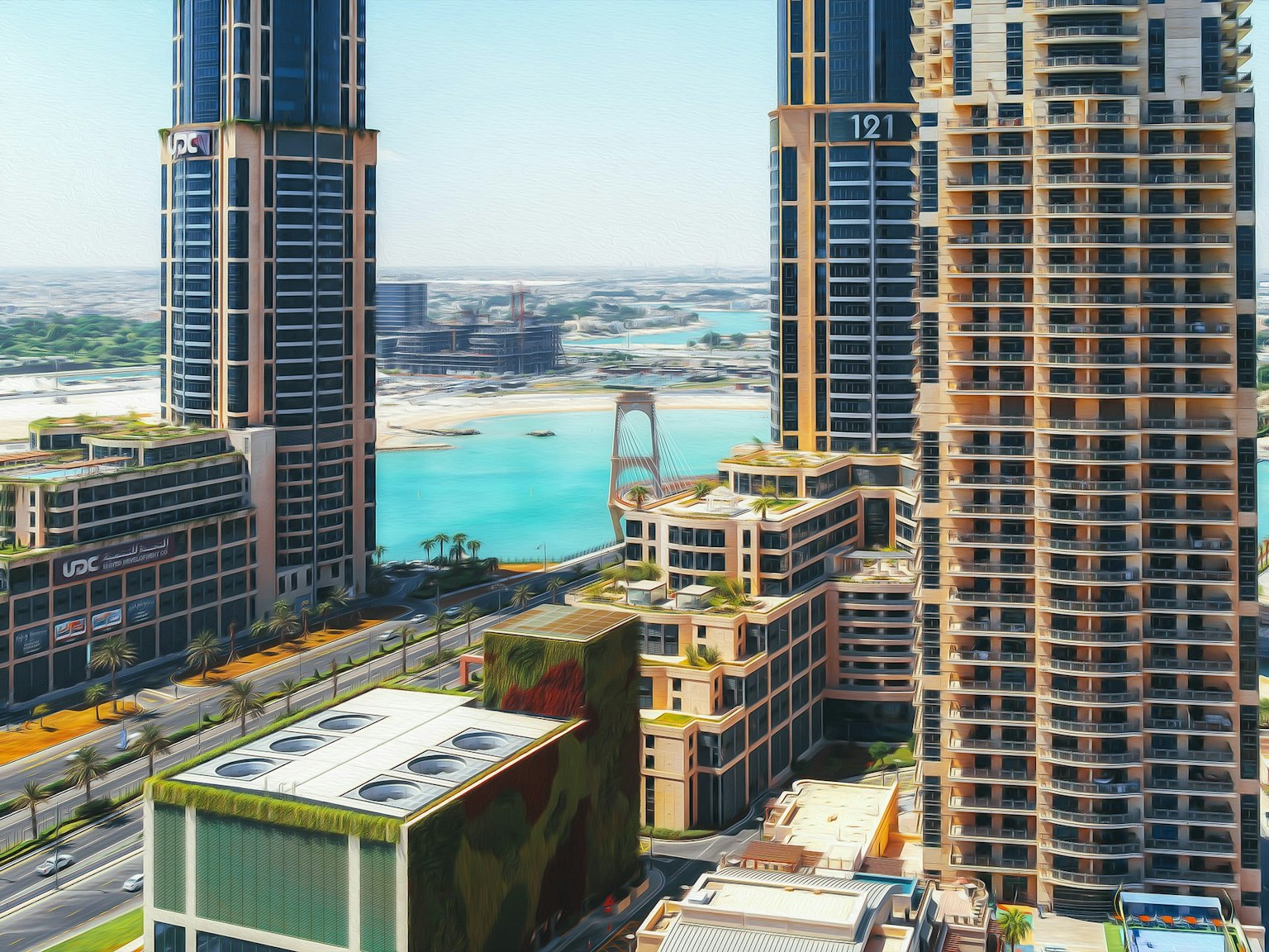 Skyline urbain avec des grands bâtiments et une vue sur l'eau bleue