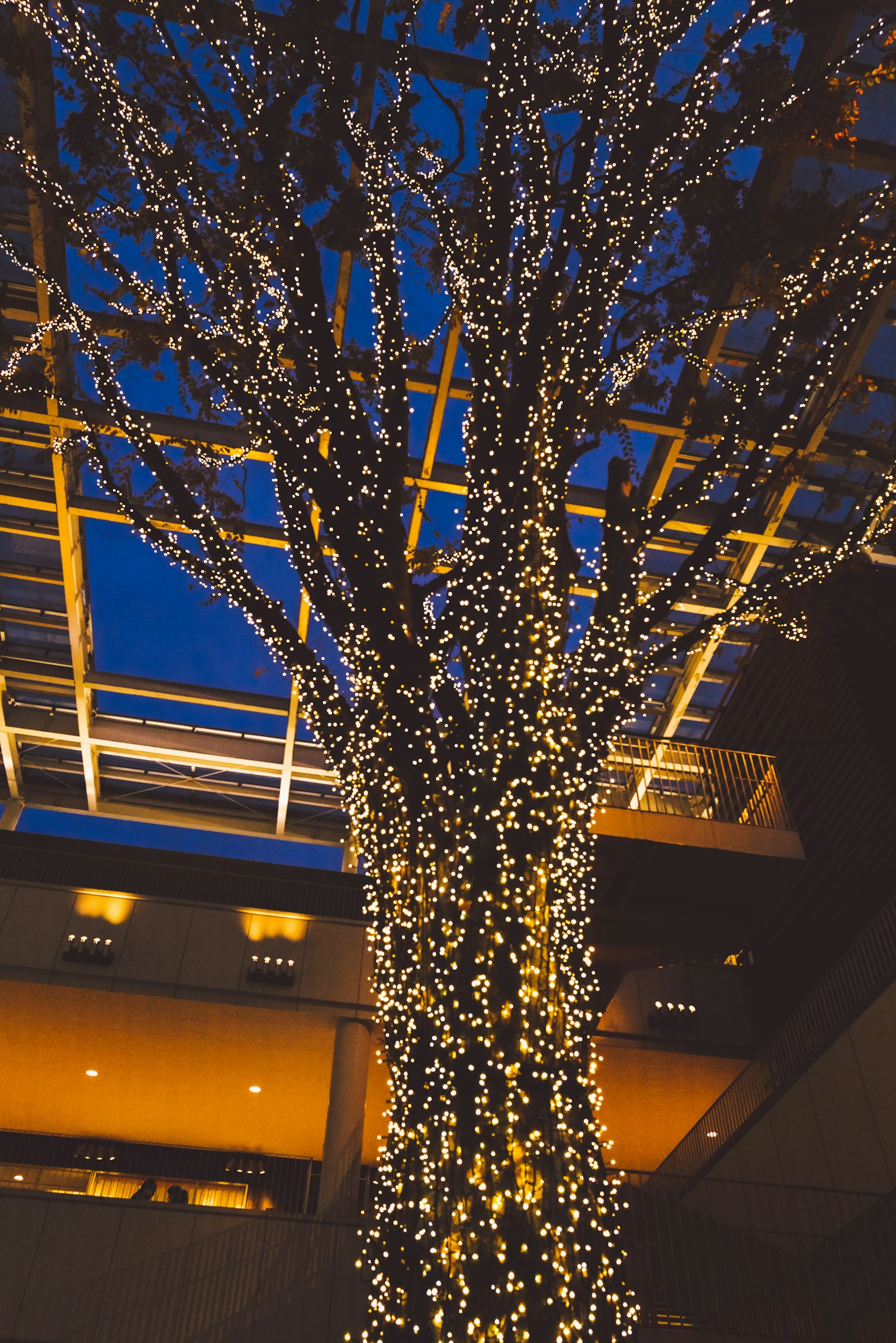 Ein großer dekorativer Baumstamm, beleuchtet mit Lichtern unter einem blauen Himmel