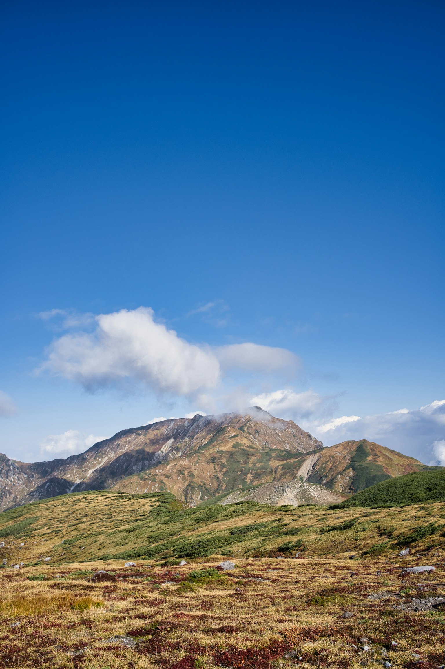 Mountain landscape with green grass under a clear blue sky
