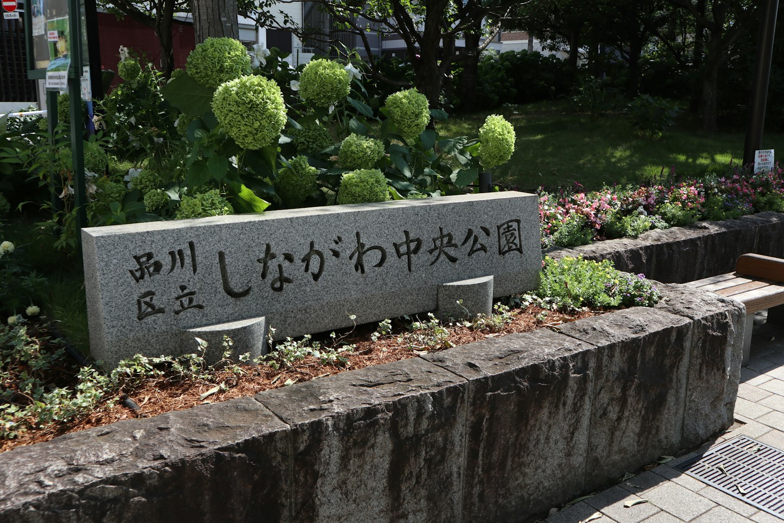 新川中央公園的石碑在綠色植物前面