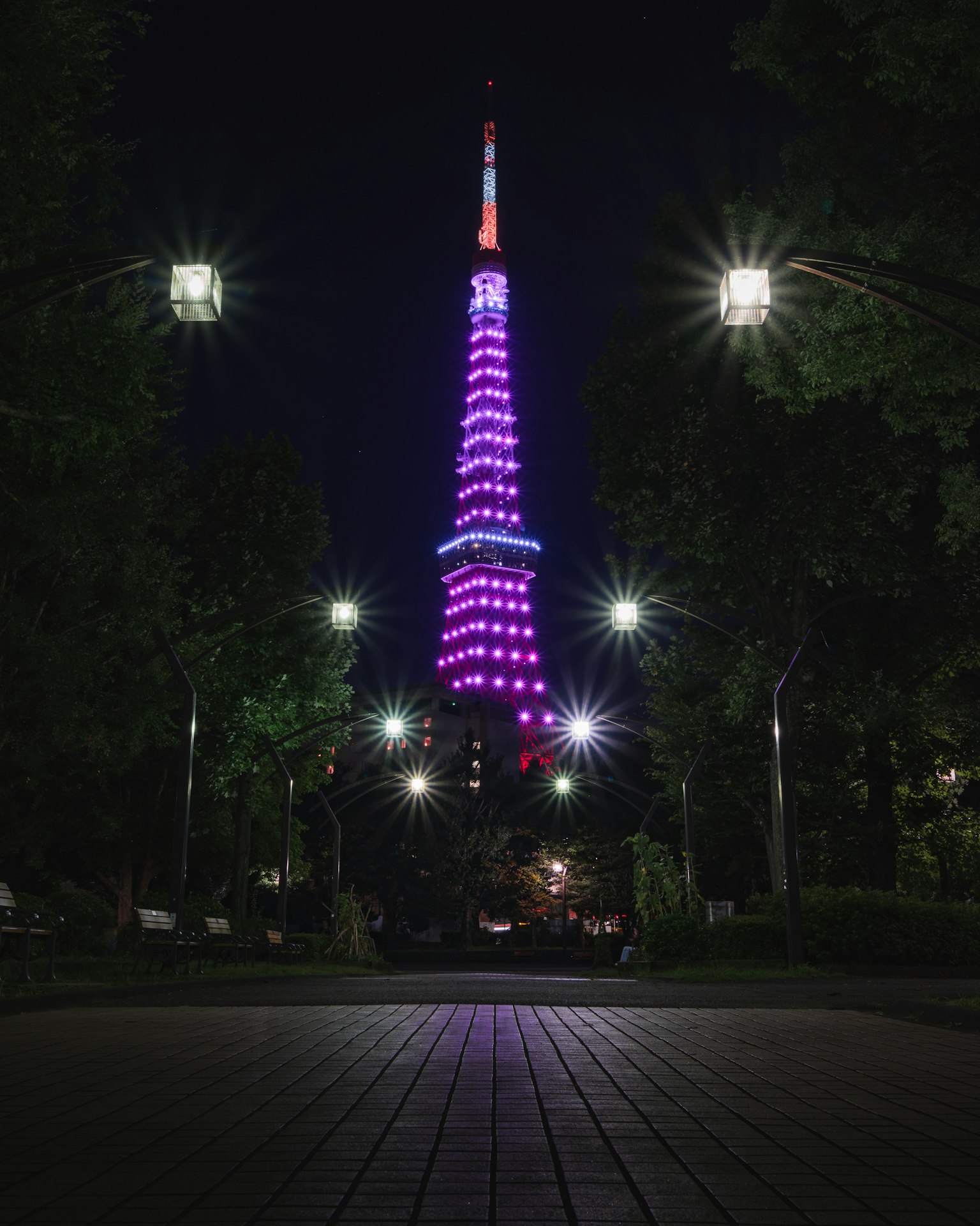 Torre di Tokyo illuminata di viola di notte