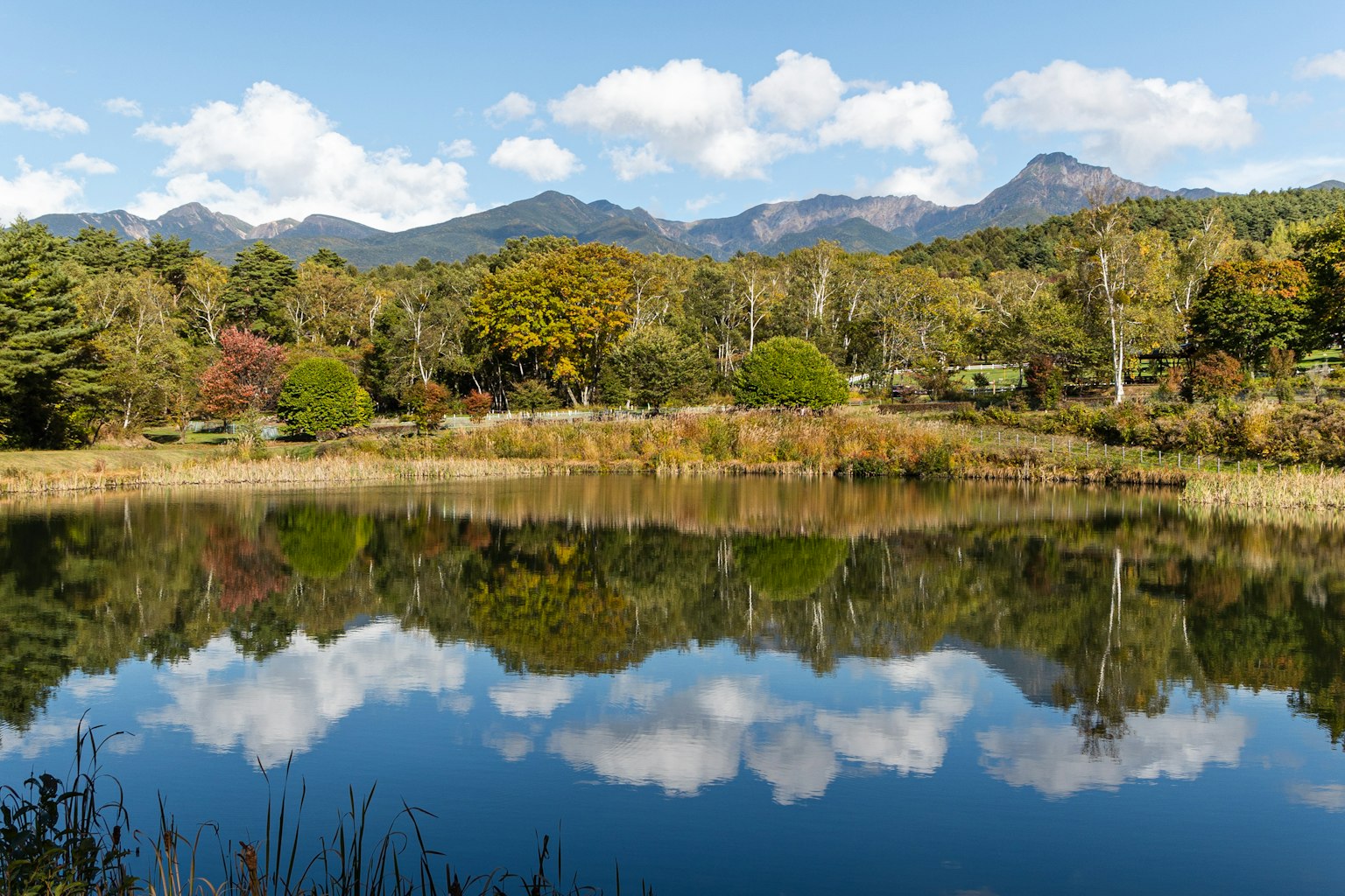 Paysage d'automne avec un lac serein reflétant des montagnes et des nuages
