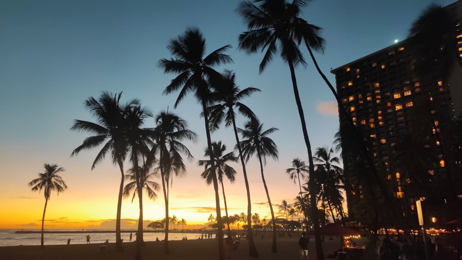 Silhouette von Palmen vor einem lebhaften Sonnenuntergang am Strand