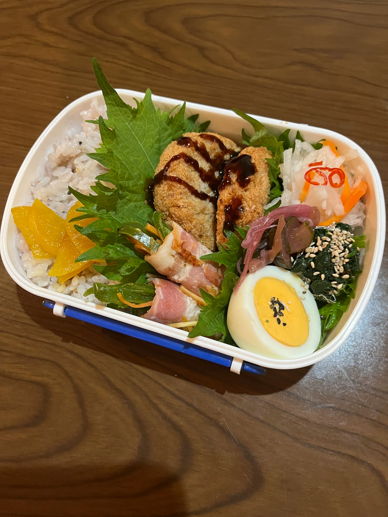Eine Bentobox gefüllt mit Reis, Kroketten, Ei, Gemüse und Fisch