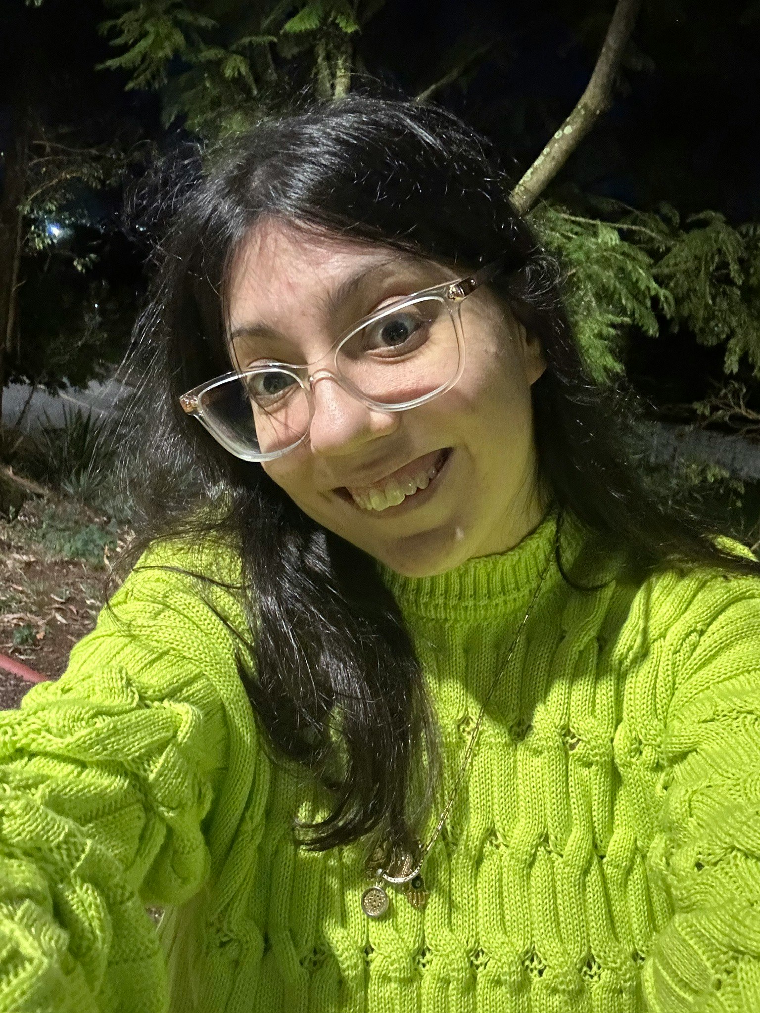夜晚公園裡穿綠色毛衣戴眼鏡的女性自拍