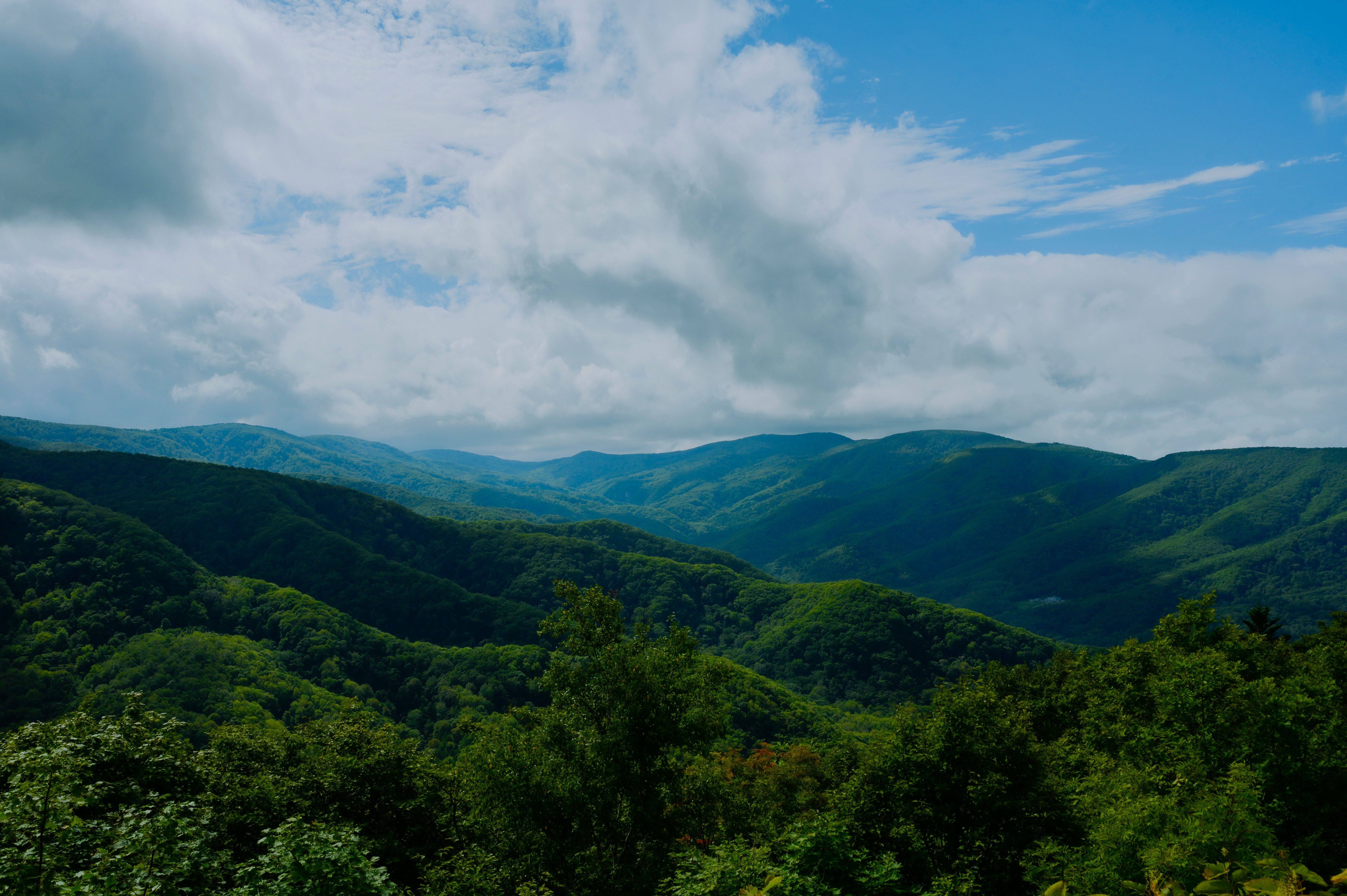 緑の山並みと雲の広がる自然風景