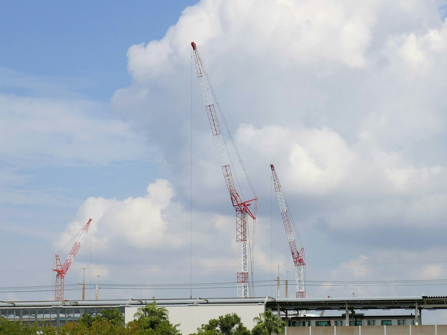 A view of red and white cranes standing under a blue sky