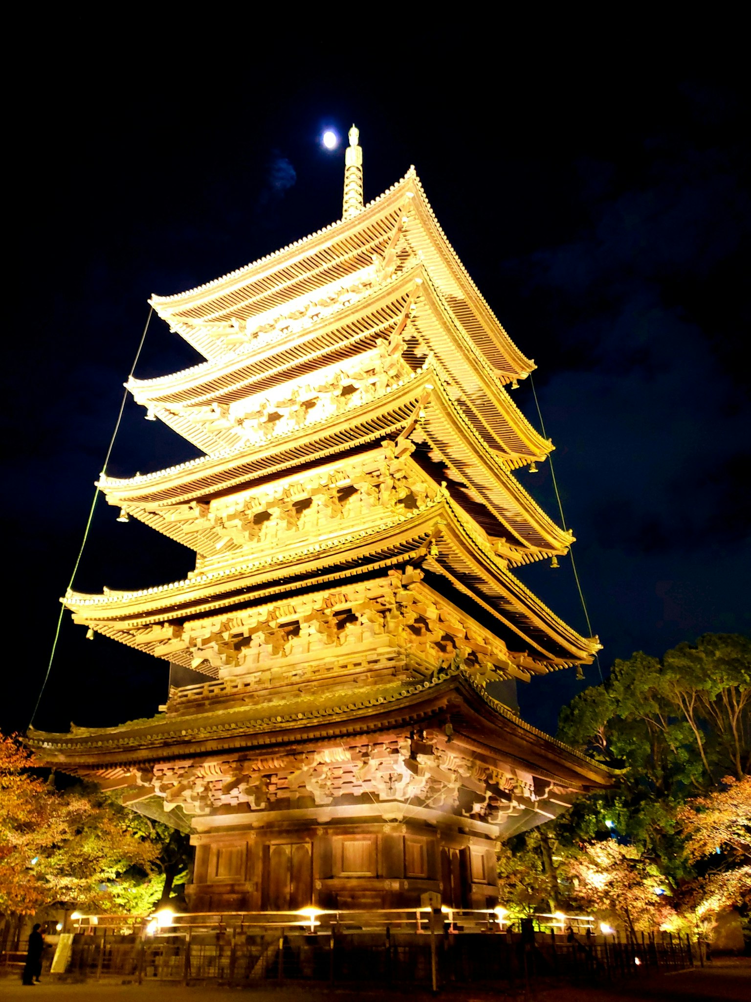 Illuminated pagoda at night with a full moon