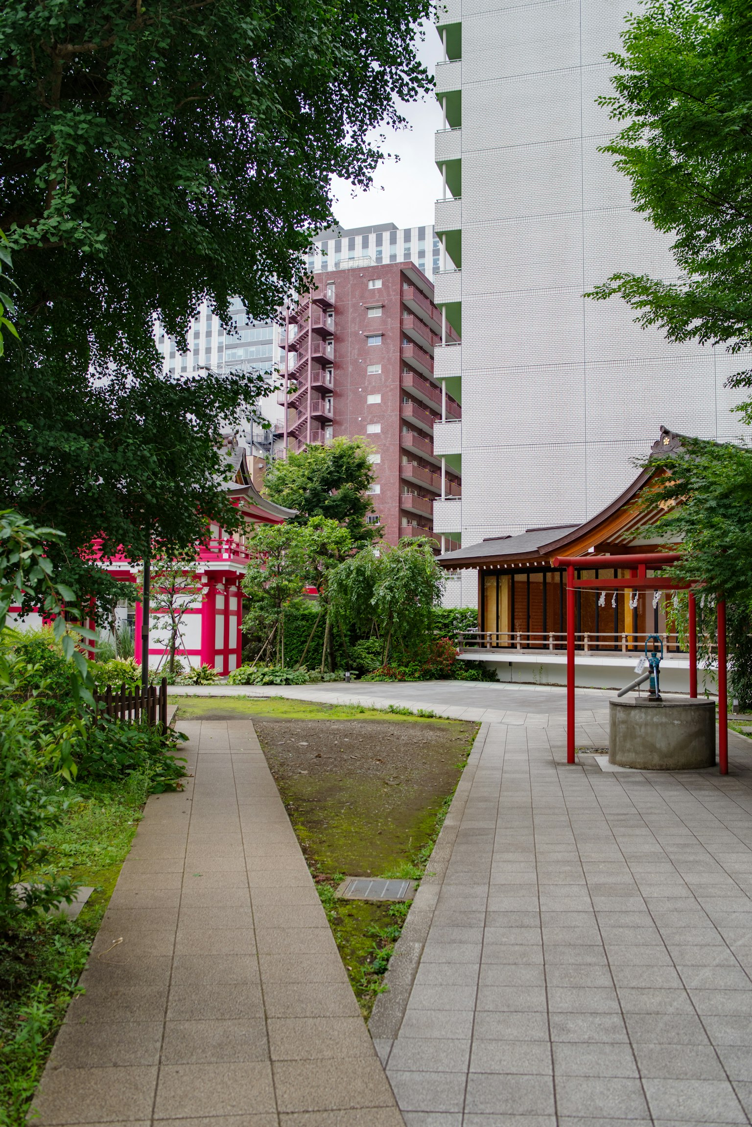 被绿树环绕的宁静公园小道和传统神社建筑