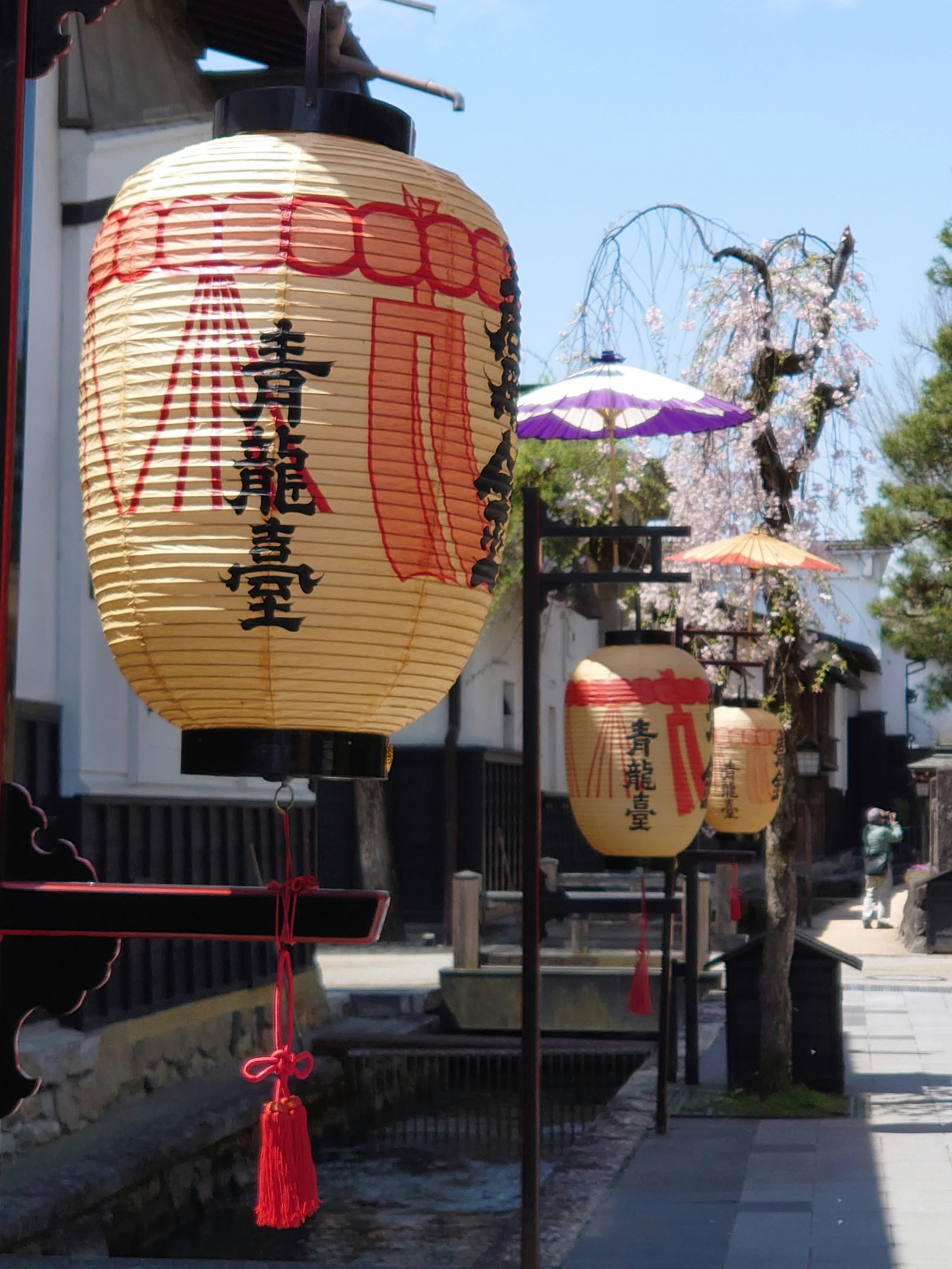 Lanterns for Furukawa Festival lining a narrow shopping alley storefront