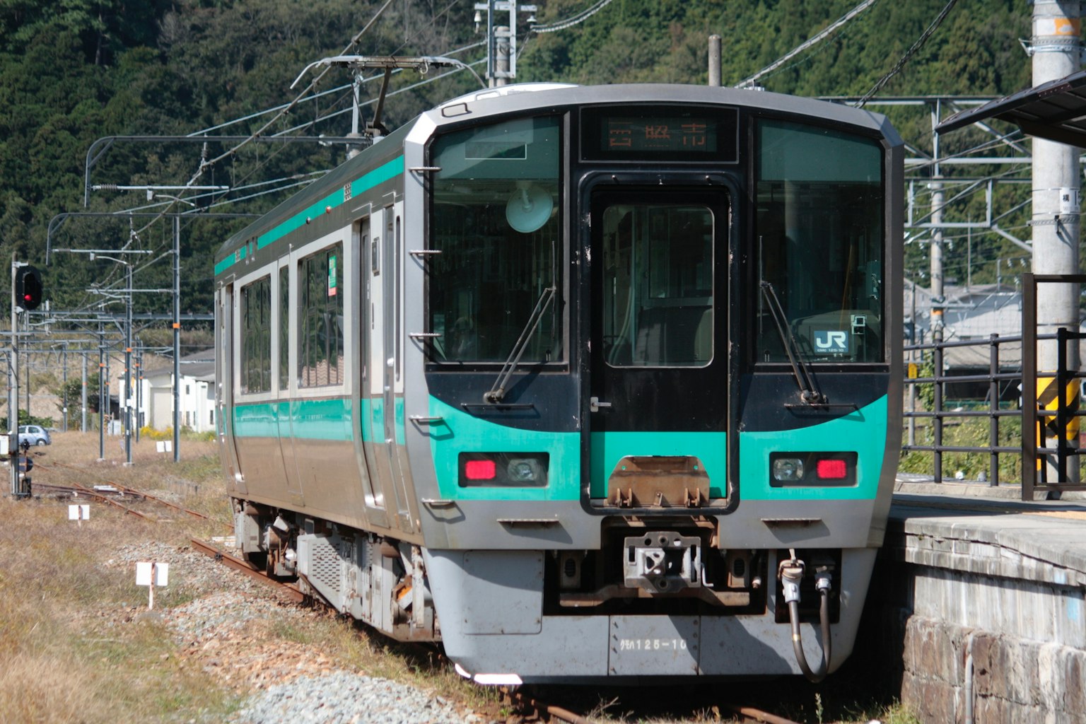 Un tren japonés con franjas verdes estacionado en una estación