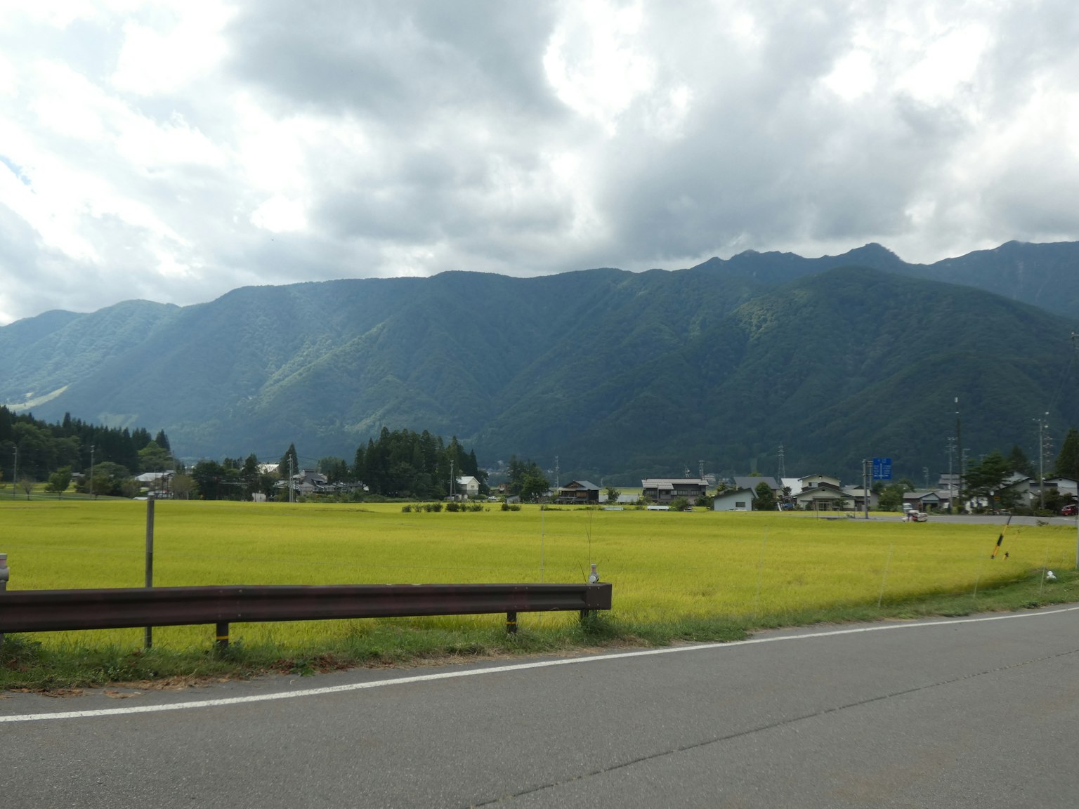 ทิวทัศน์ที่สวยงามของภูเขาและทุ่งข้าวสีเขียว