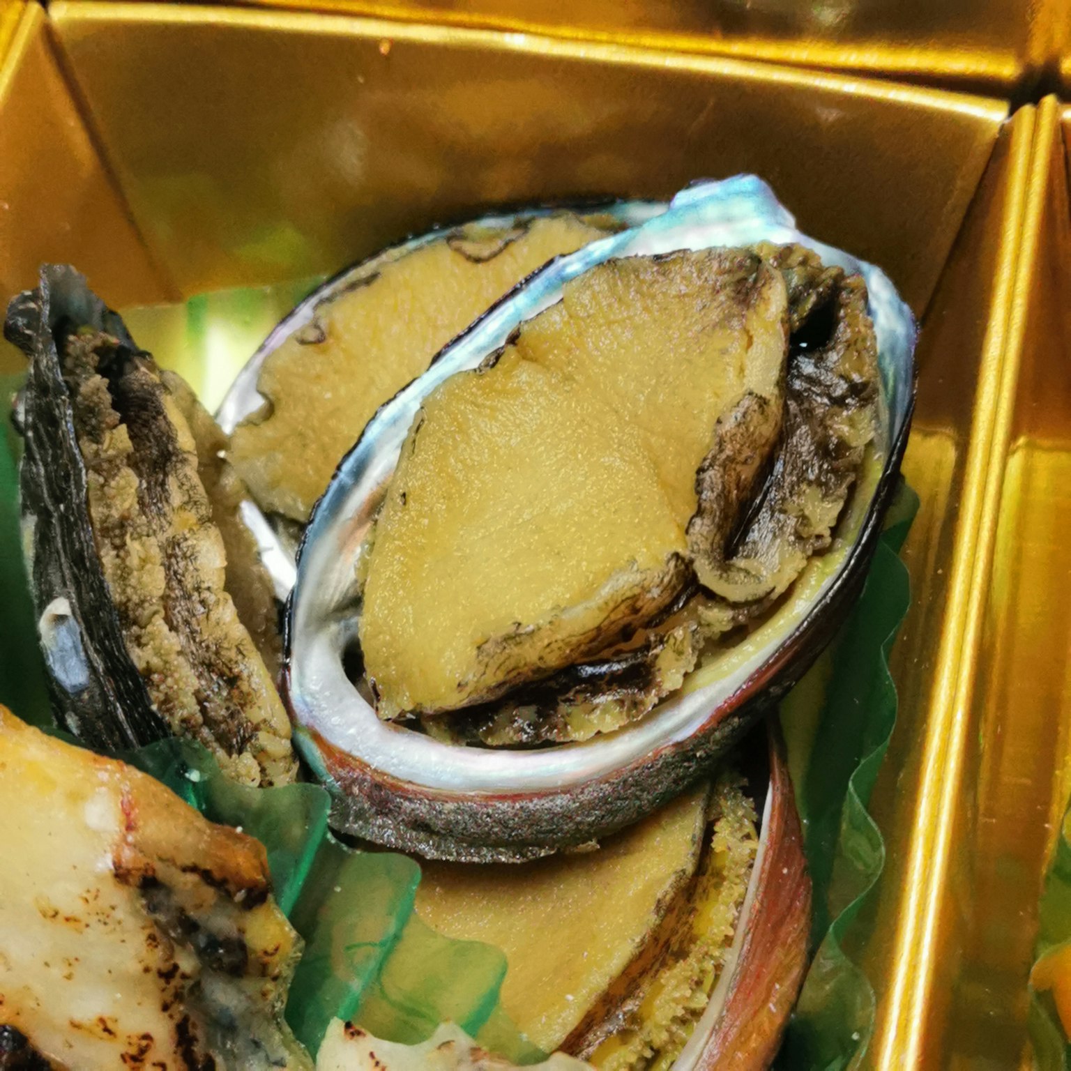 Fresh abalone shells arranged in a gold box