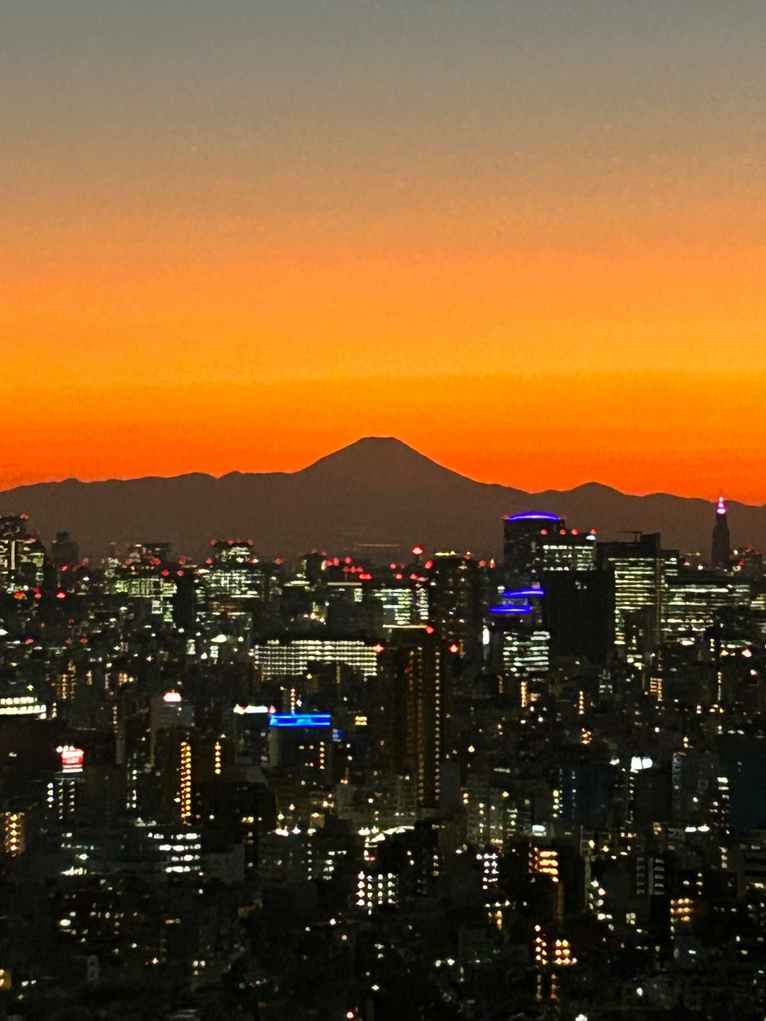 Đường chân trời Tokyo vào lúc hoàng hôn với hình bóng núi Phú Sĩ