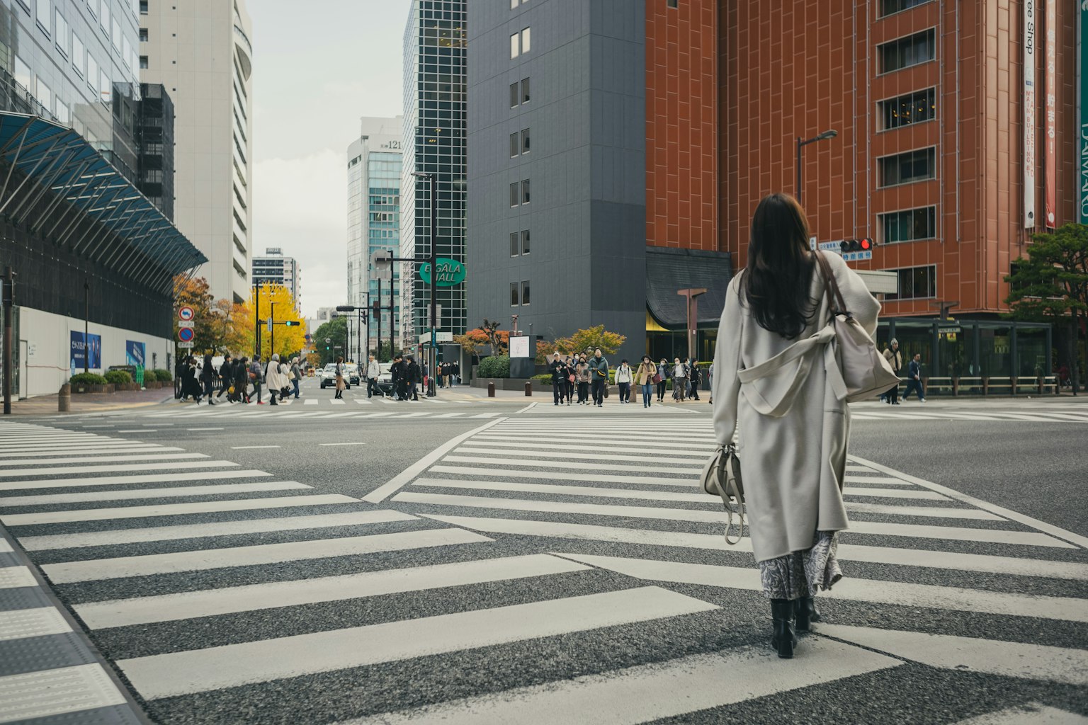 Rear view of a woman walking at an urban crosswalk with modern buildings